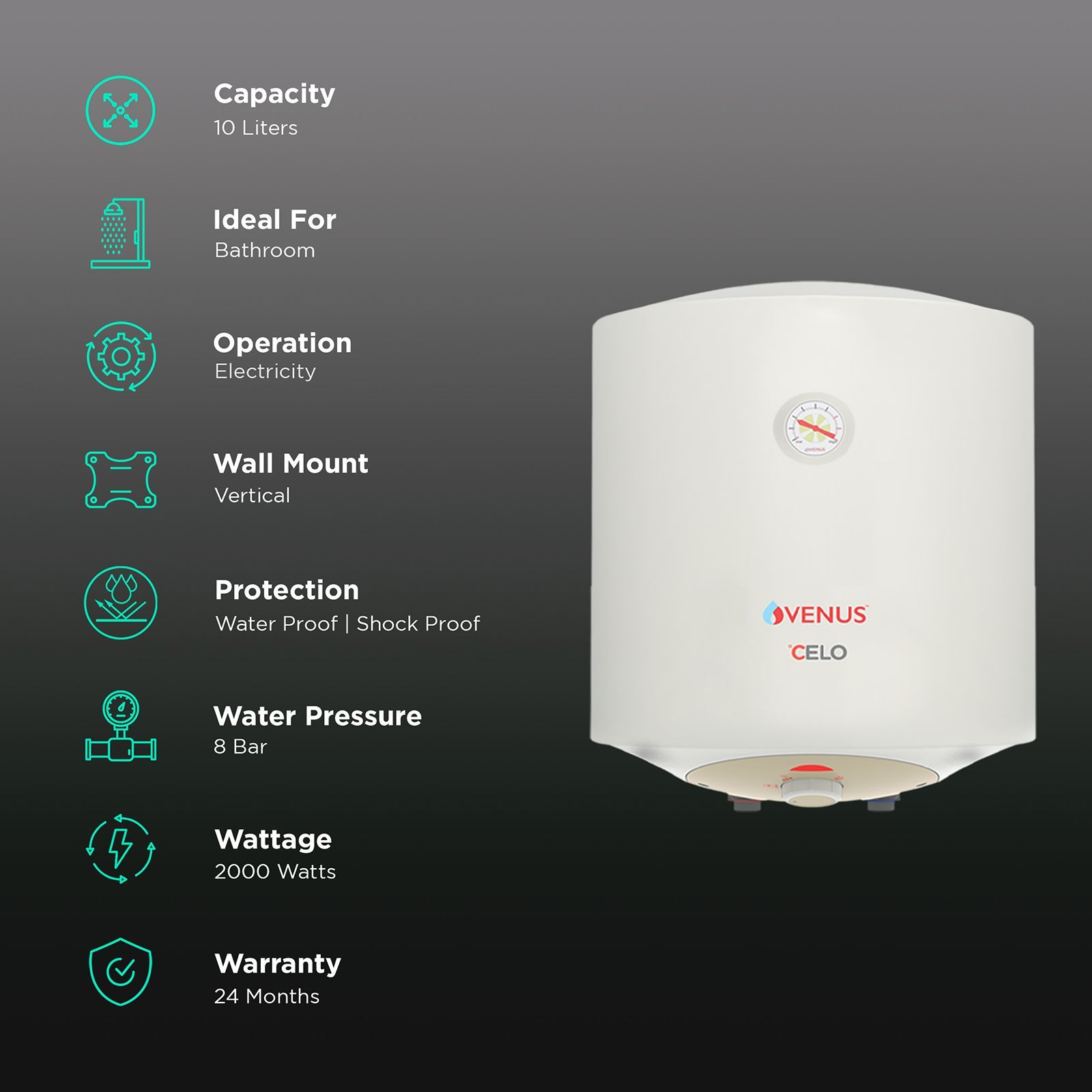 VENUS Celo 10 Litres 5 Star Storage Water Geyser (2000 Watts, 010CV, Ivory)_3