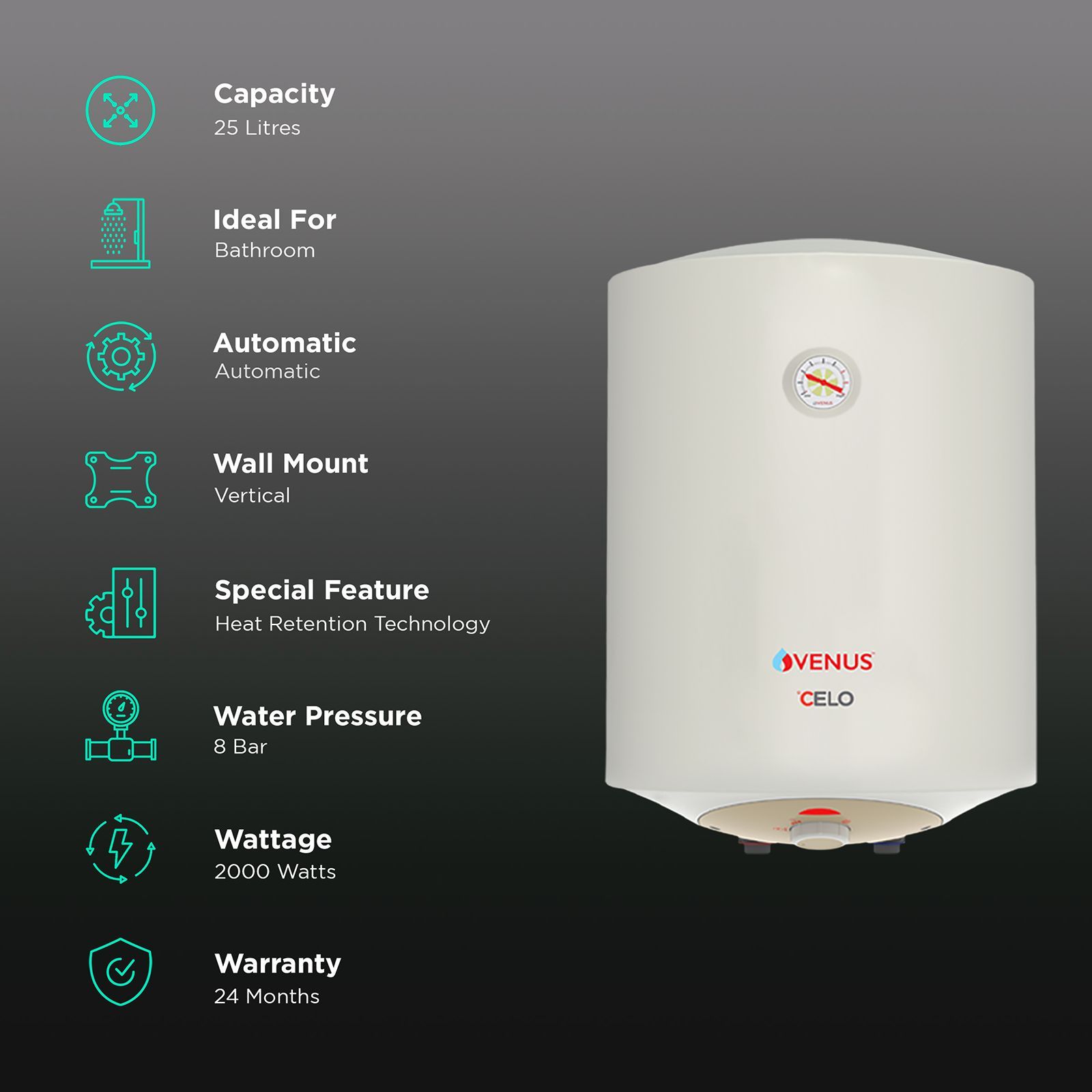 VENUS Celo 25 Litre 5 Star Vertical Storage Geyser with Scale Guard Technology (Ivory)_3