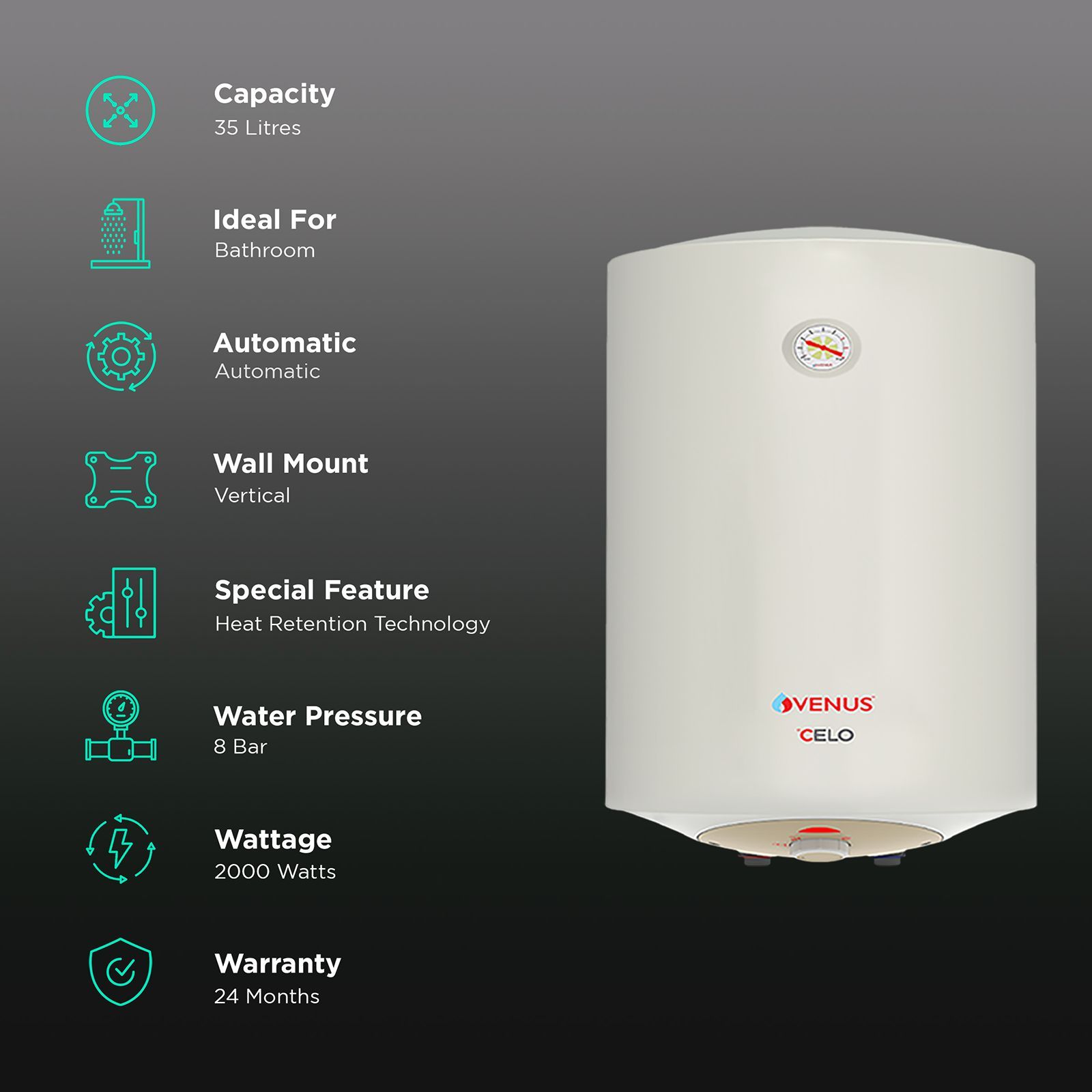 VENUS Celo 35 Litre 5 Star Vertical Storage Geyser with Scale Guard Technology (Ivory)_3