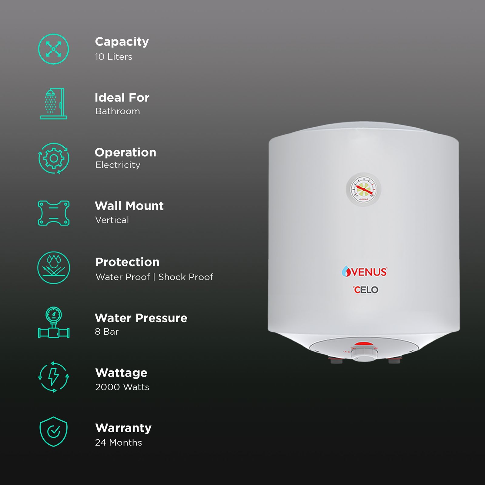 VENUS Celo 10 Litres 5 Star Vertical Storage Water Geyser with Hard Water Protection (White)_3