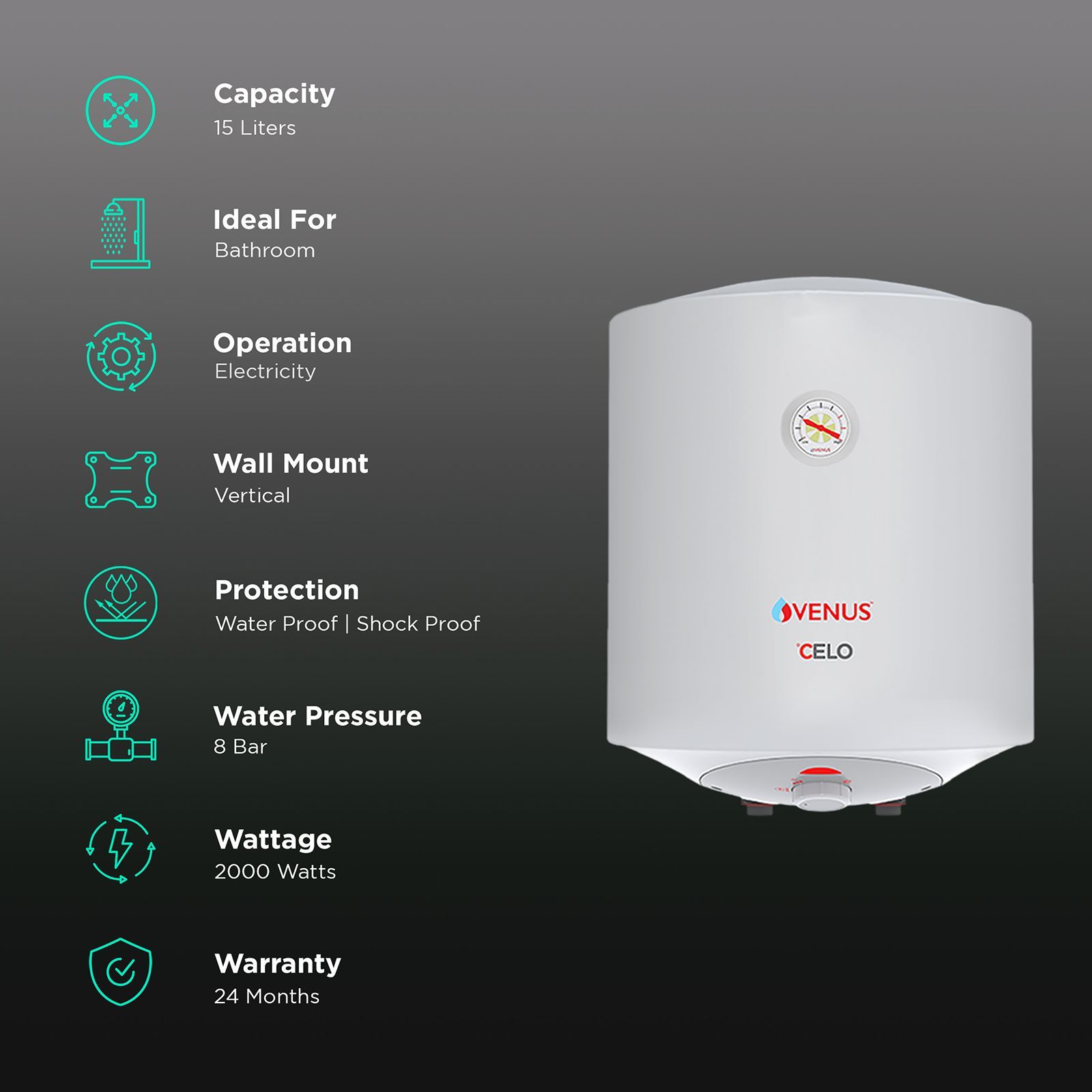 VENUS Celo 15 Litres 5 Star Storage Water Geyser (2000 Watts, 015CV, White)_3