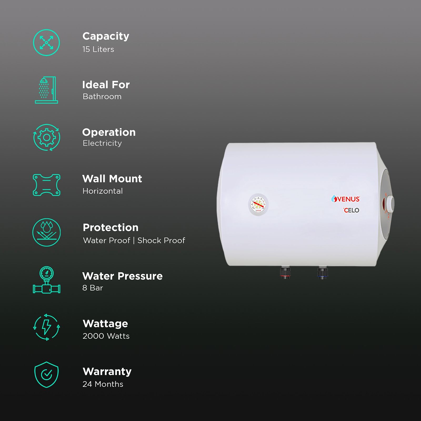 VENUS Celo 15 Litres 5 Star Horizontal Storage Water Geyser with Hard Water Protection (White)_3