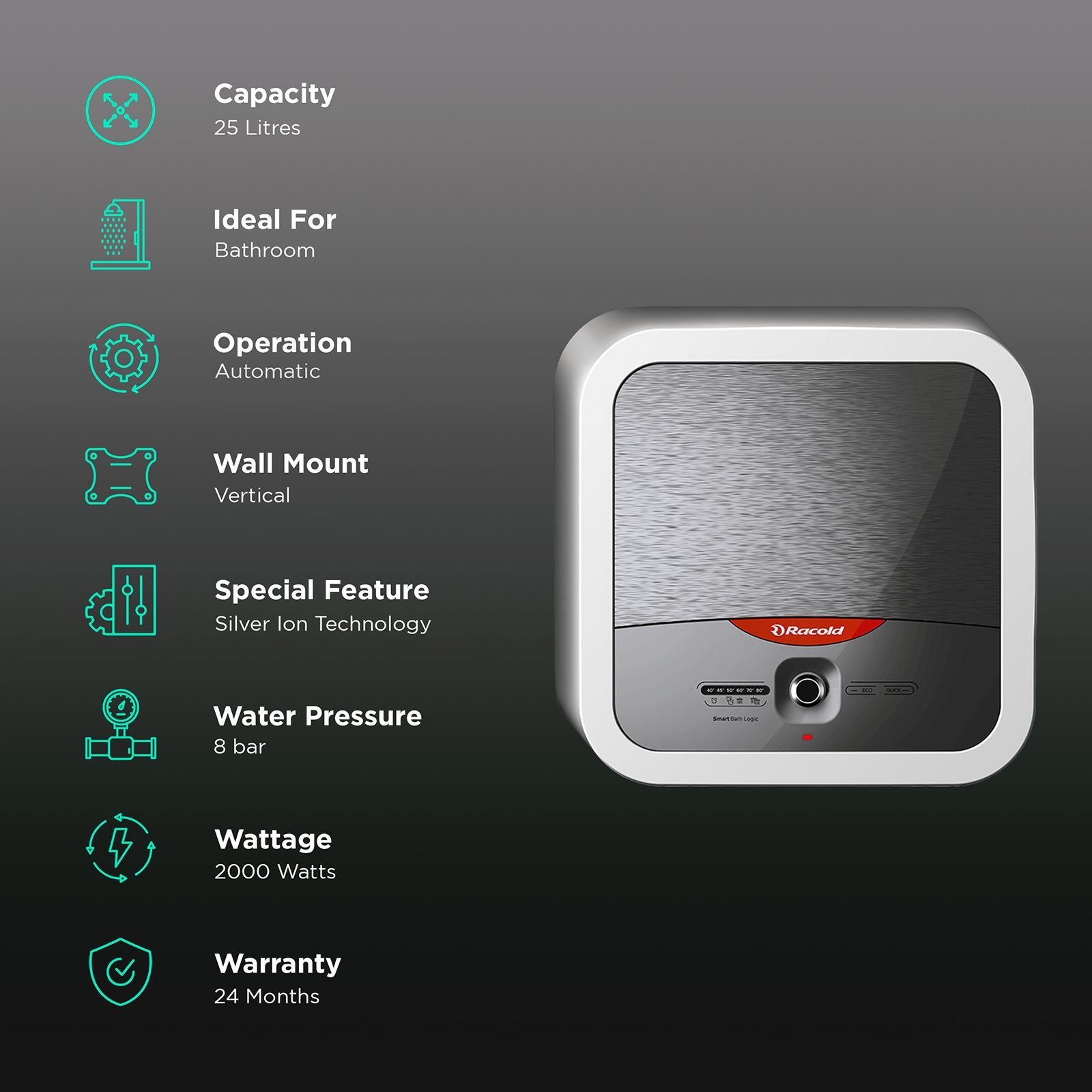 Racold Omnis Lux Plus 25 Litre 5 Star Vertical Storage Geyser with Titanium Plus Technology (White & Silver)_3