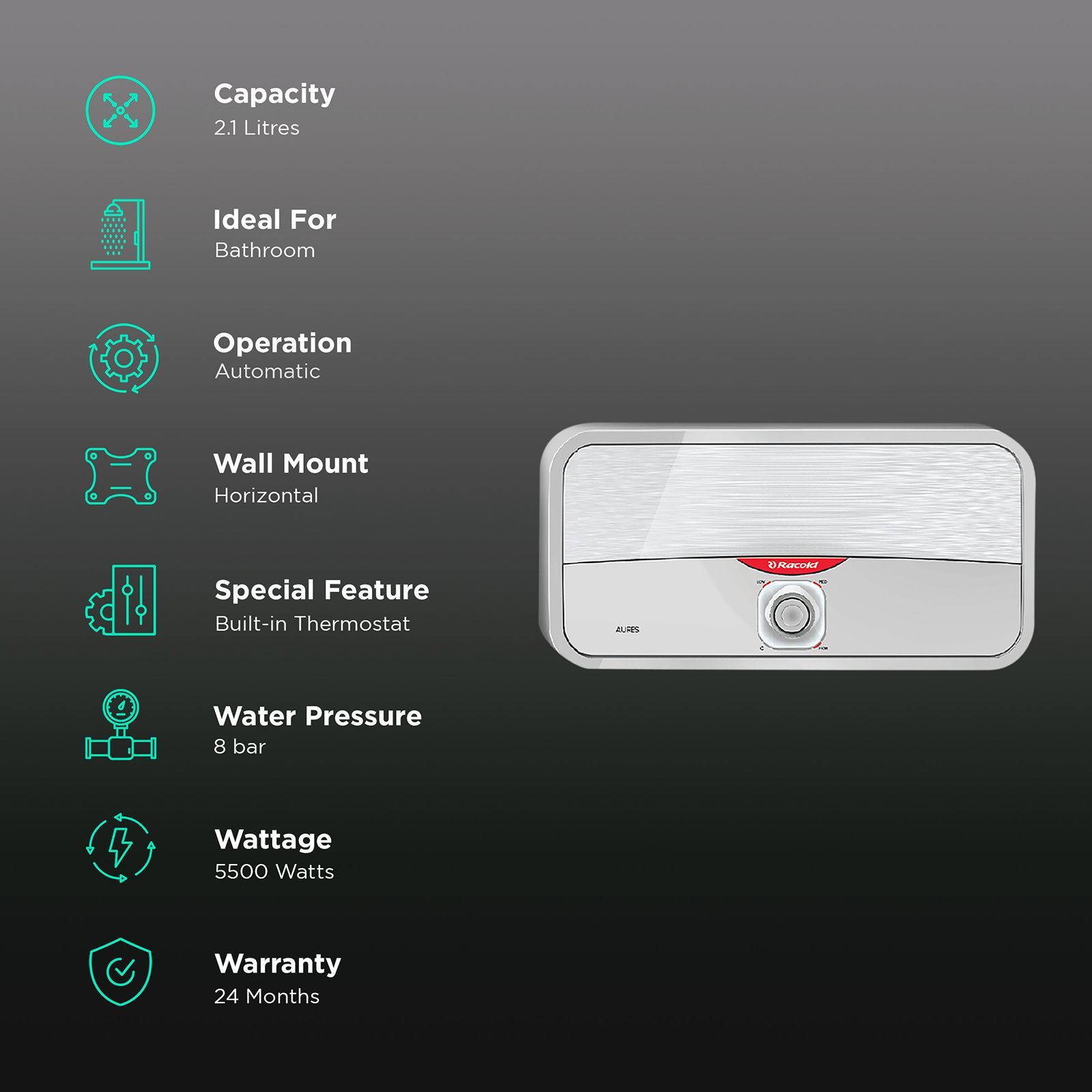 Racold Aures 2.1 Litre Vertical Instant Geyser with Lightning Fast Heating (White)_3