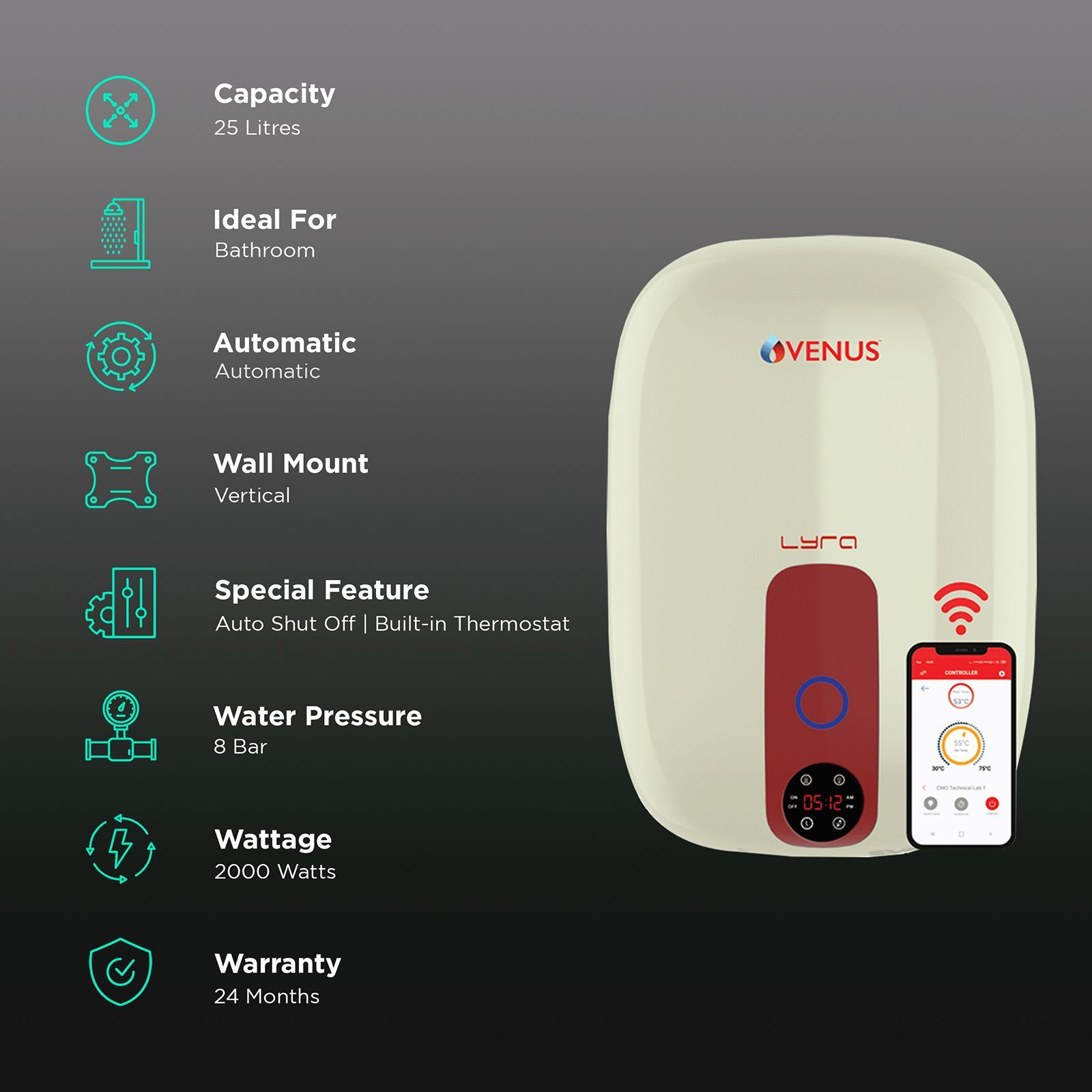 VENUS Lyra Nexus 25 Litre 5 Star Vertical Smart Geyser with Wi-Fi Technology (Ivory) VENUS Lyra Nexus 25 Litre 5 Star Vertical Smart Geyser with Wi-Fi Technology (Ivory)_3