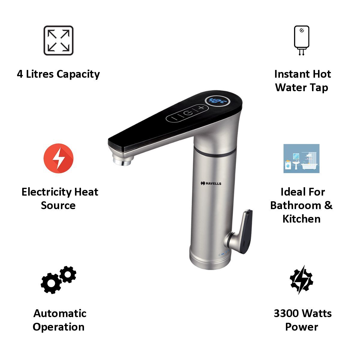 HAVELLS Linea Electric Hot Water Tap (3300 Watts, GHWELOTWS003, Silver)_3