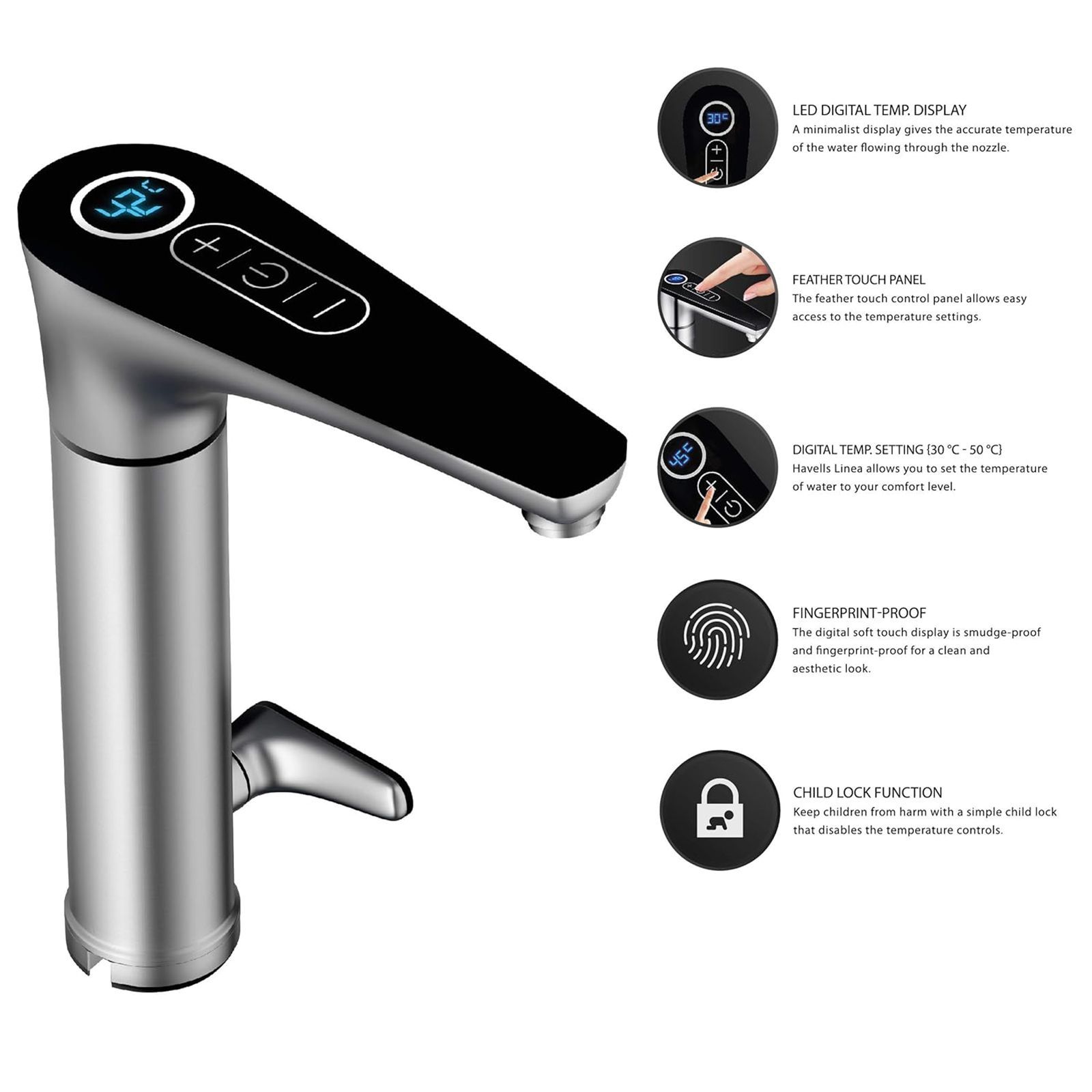 HAVELLS Linea Electric Hot Water Tap (3300 Watts, GHWELOTWS003, Silver)_4