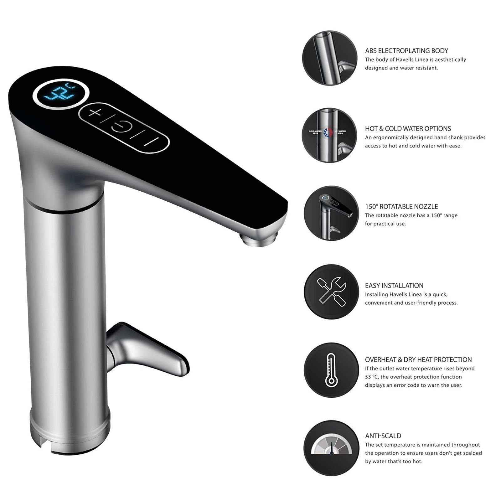 HAVELLS Linea Electric Hot Water Tap (3300 Watts, GHWELOTWS003, Silver)_5