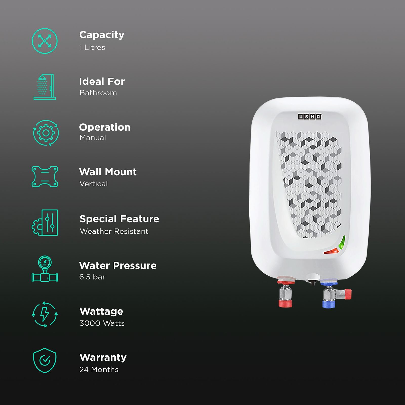 USHA Instano 1 Litre Vertical Instant Geyser with IPX4 Protection (Moonlight White)_3