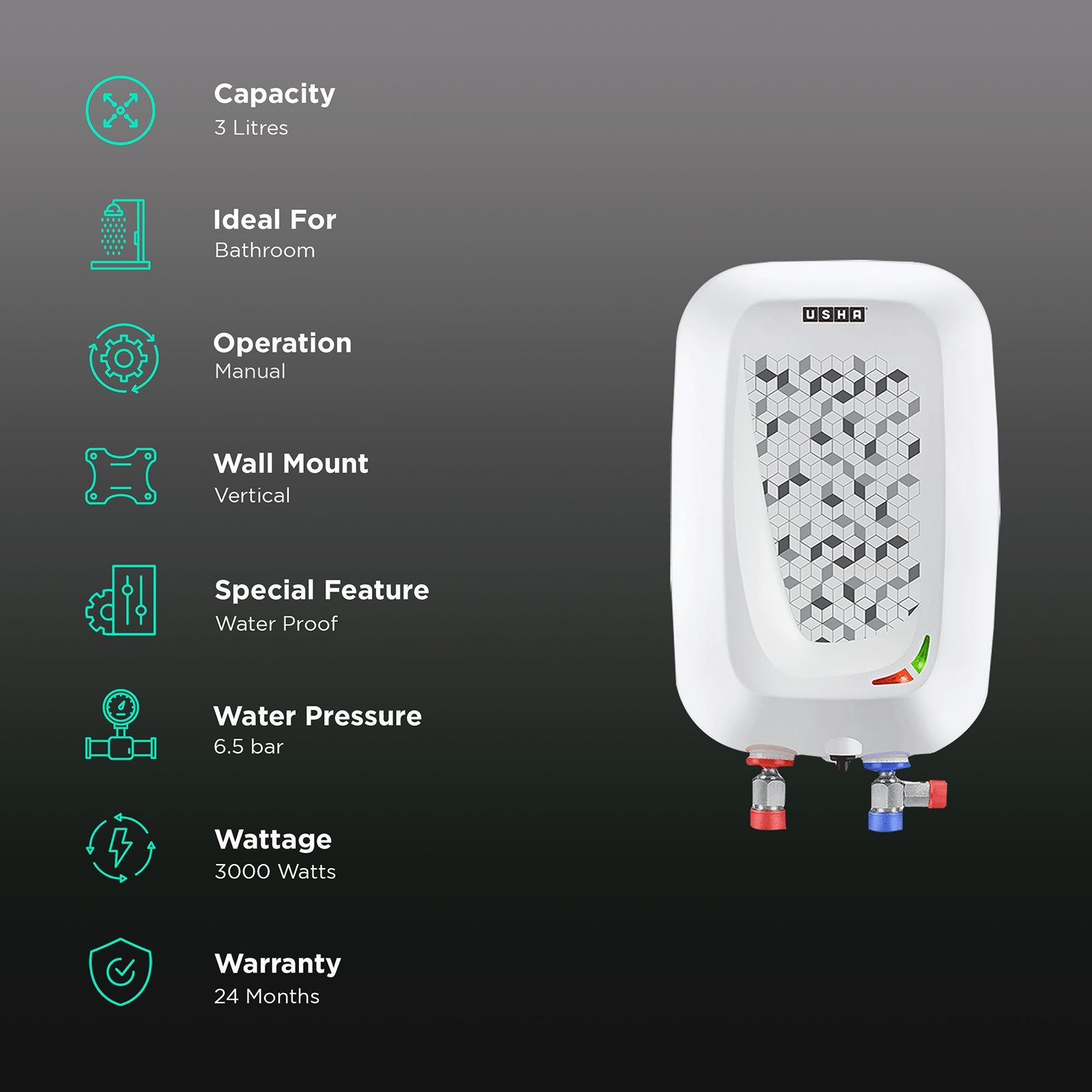 USHA Instano 3 Litre Vertical Instant Geyser with IPX4 Protection (Moonlight White) USHA Instano 3 Litre Vertical Instant Geyser with IPX4 Protection (Moonlight White)_3