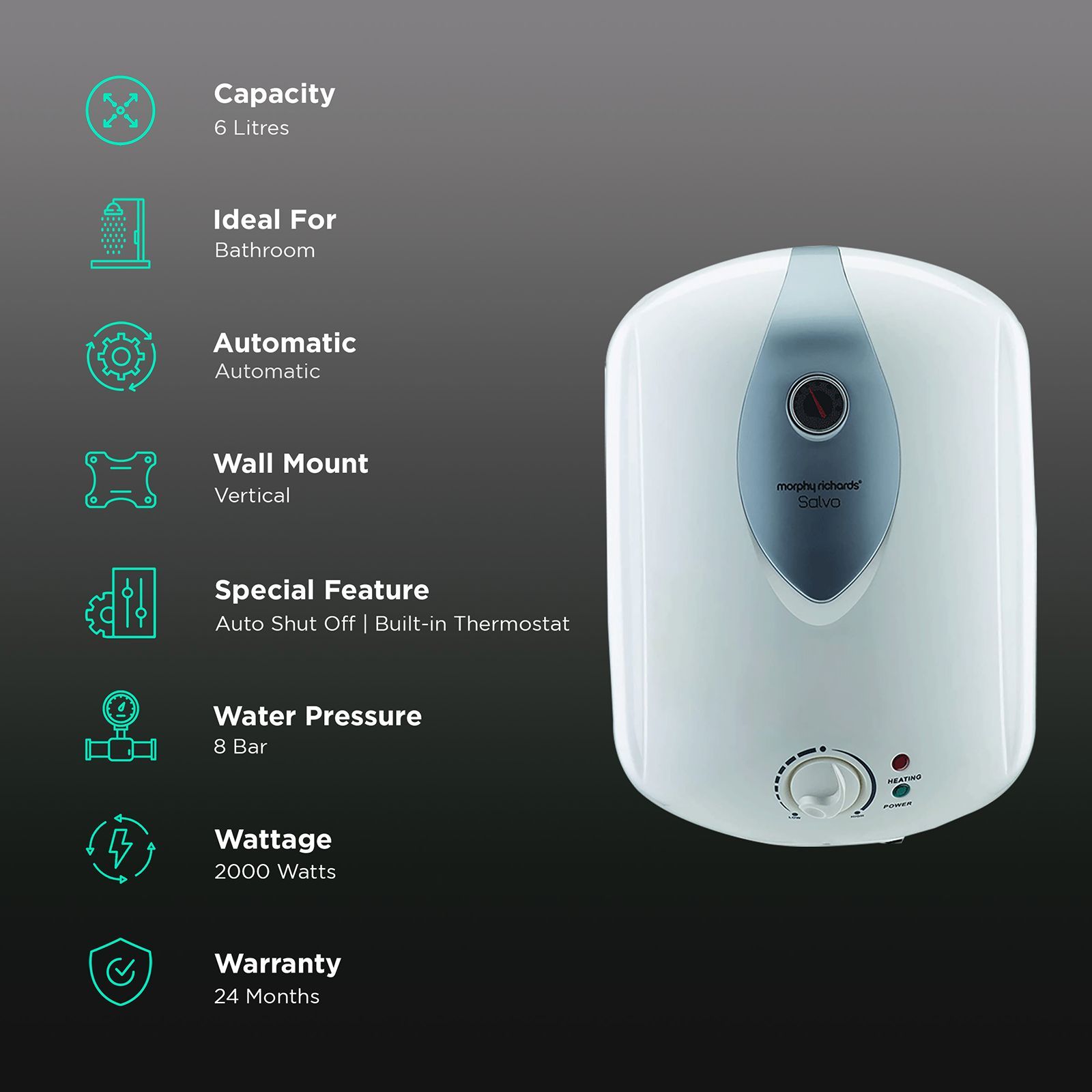 morphy richards Salvo 6 Litre 5 Star Vertical Storage Geyser with Elegant Temperature Indicator (White)_3