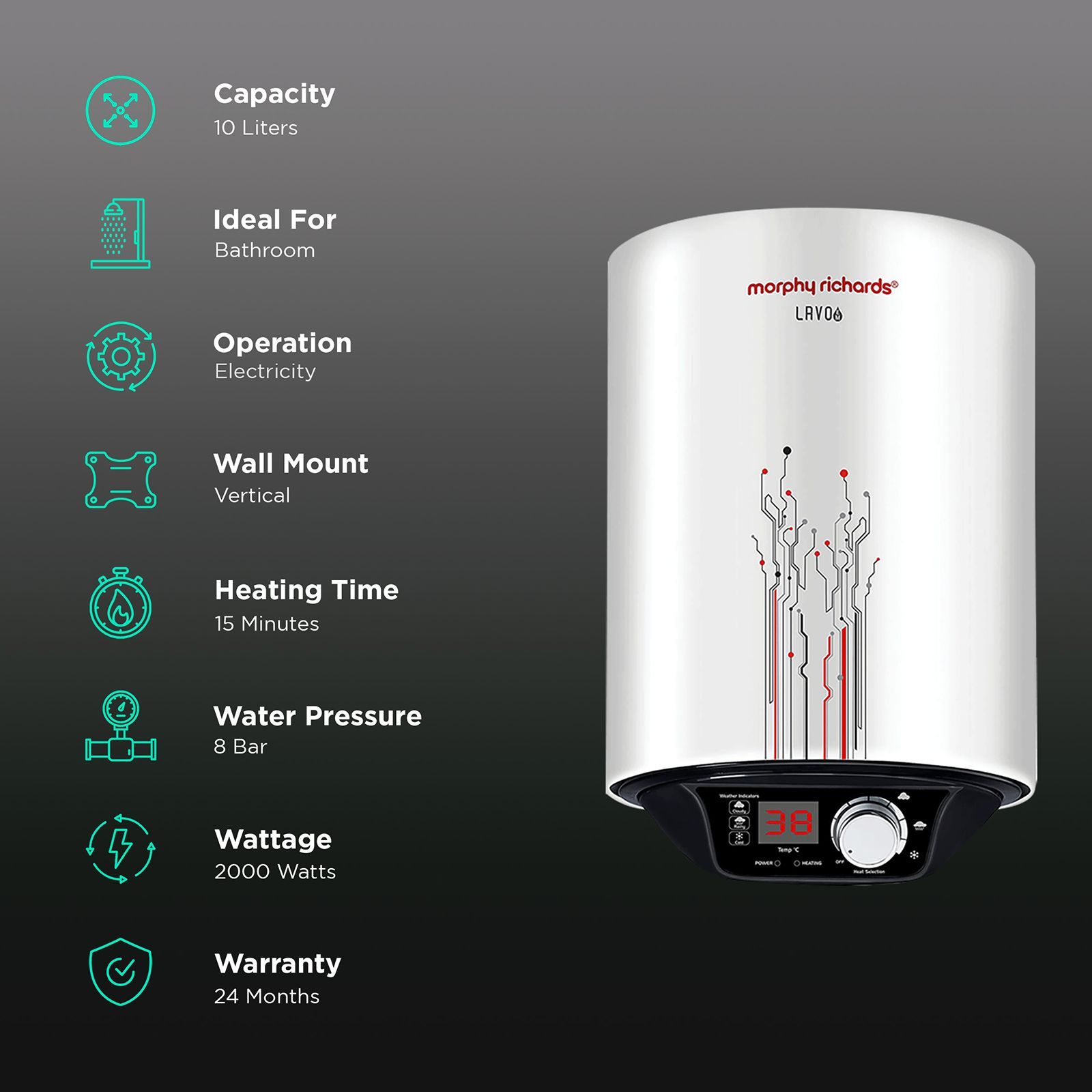 morphy richards Lavo EM 10 Litres 5 Star Vertical Storage Water Geyser with Glass Coated Incoloy Heating Element (White)_3