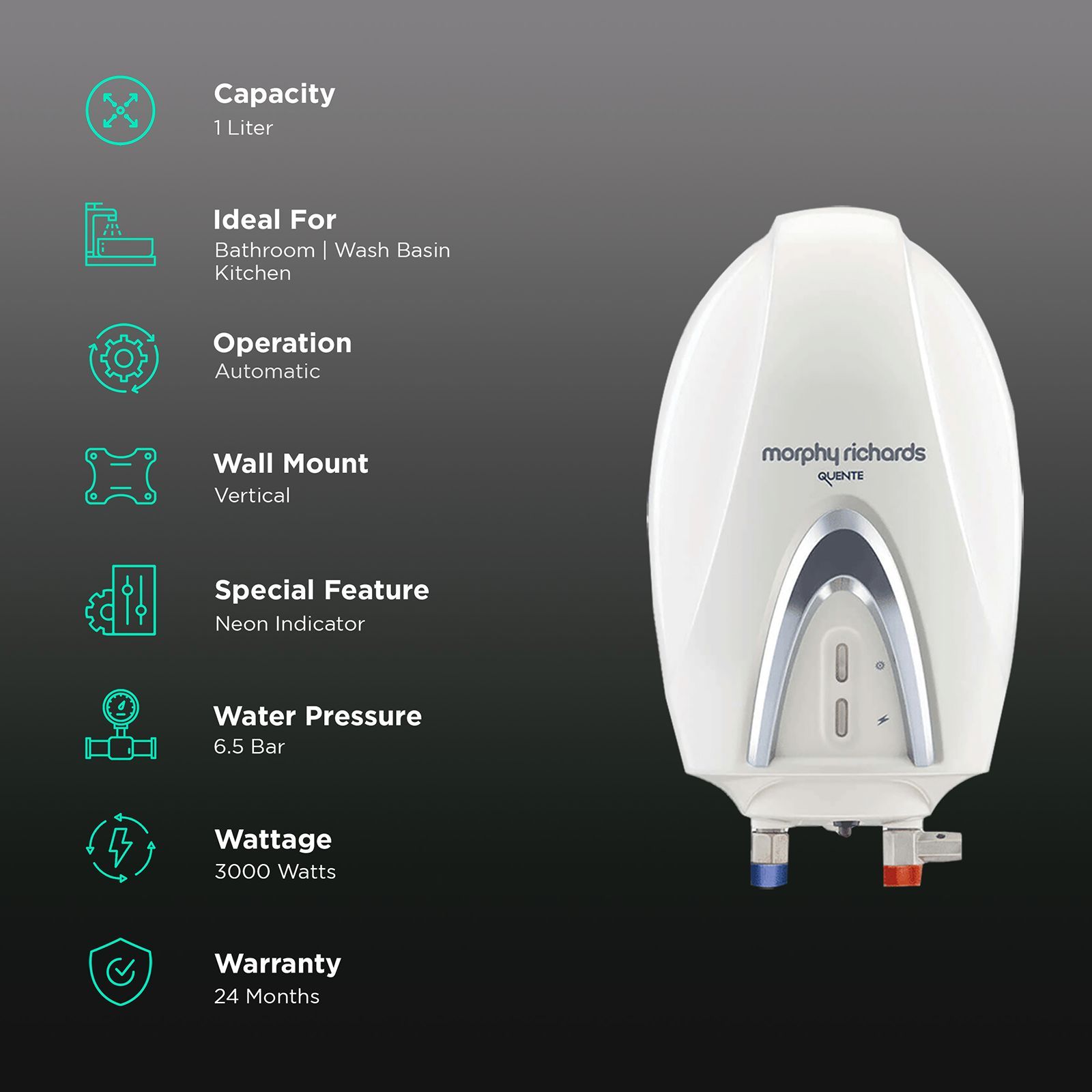 morphy richards Quente 1 Litre Vertical Instant Geyser with Superior Heating Element (White)_3