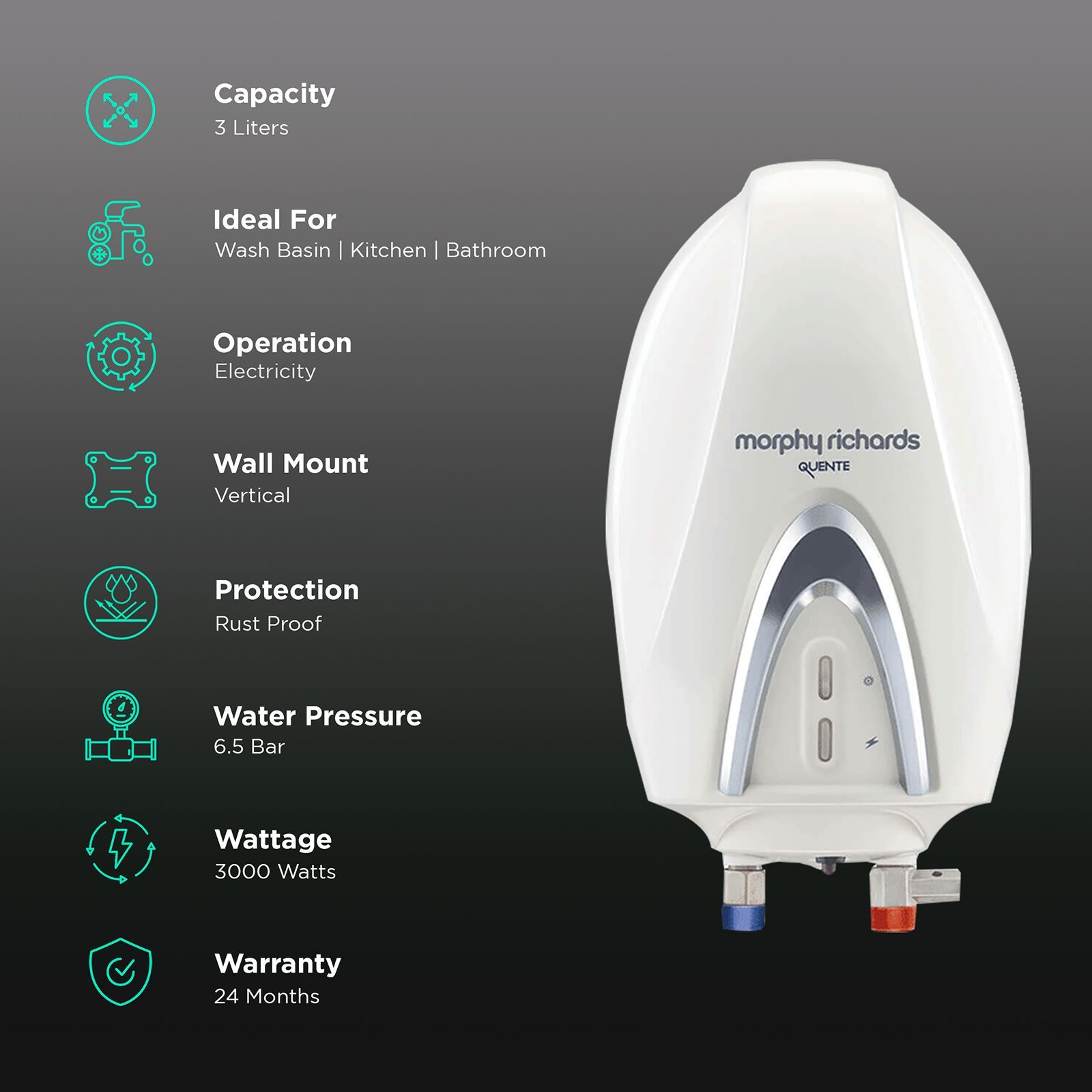 morphy richards Quente 3 Litres Instant Water Geyser (3000 Watts, 840046, White)_3