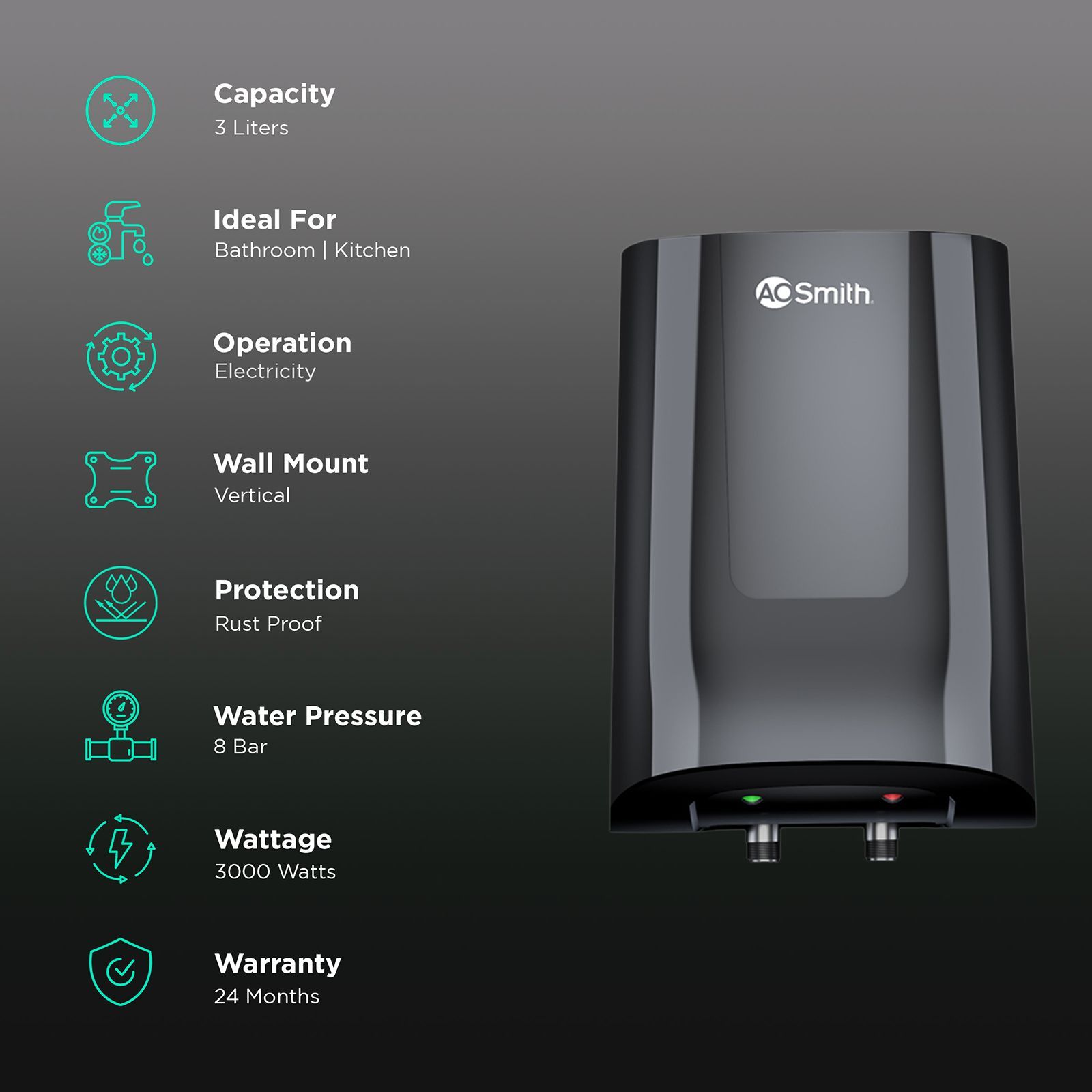 AO Smith MiniBot 3 Litres 5 Star Vertical Instant Water Geyser with Long lasting Anode Rod (Black) AO Smith MiniBot 3 Litres 5 Star Vertical Instant Water Geyser with Long lasting Anode Rod (Black)_3