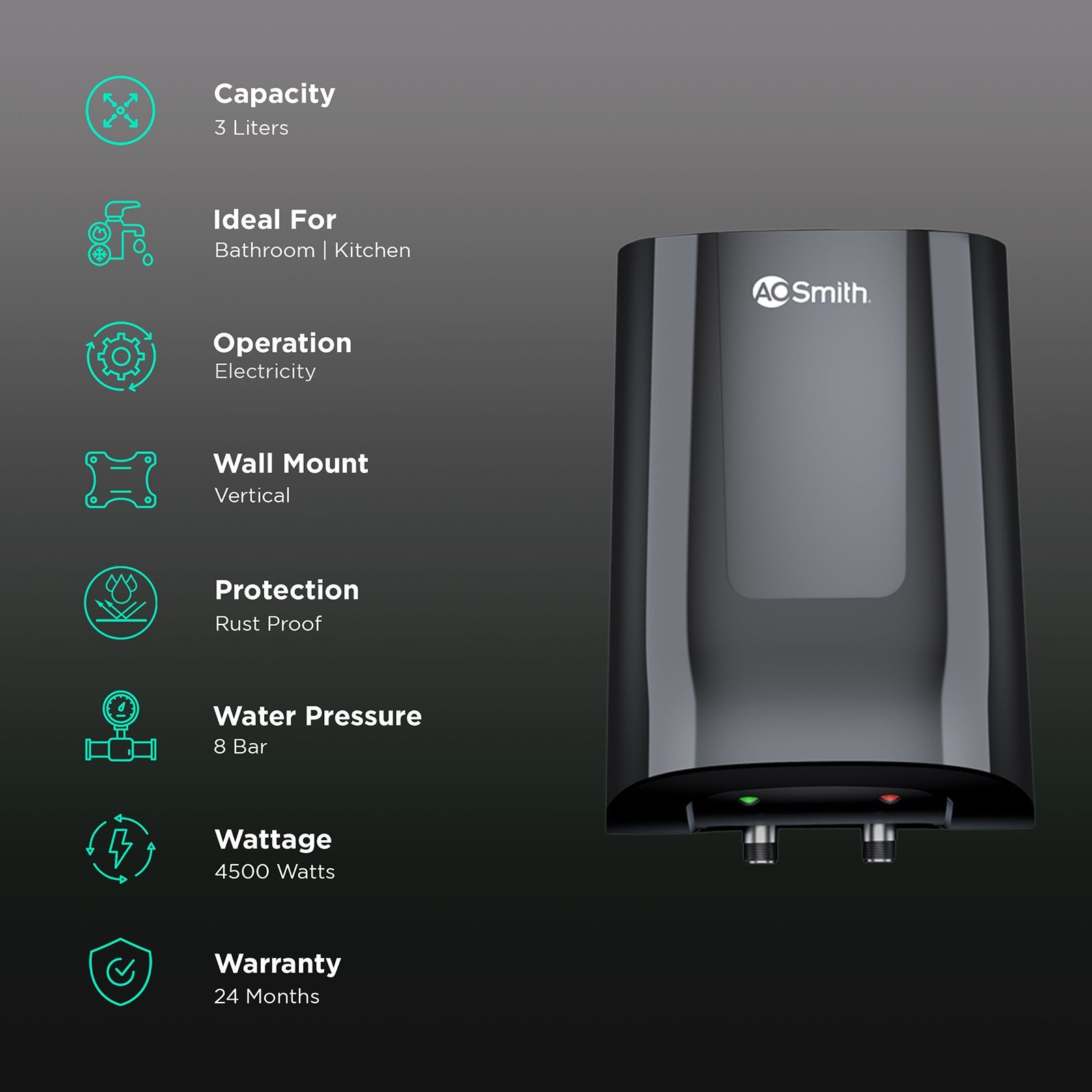 AO Smith MiniBot 3 Litres 5 Star Vertical Instant Water Geyser with Glass Coated (Black)_3