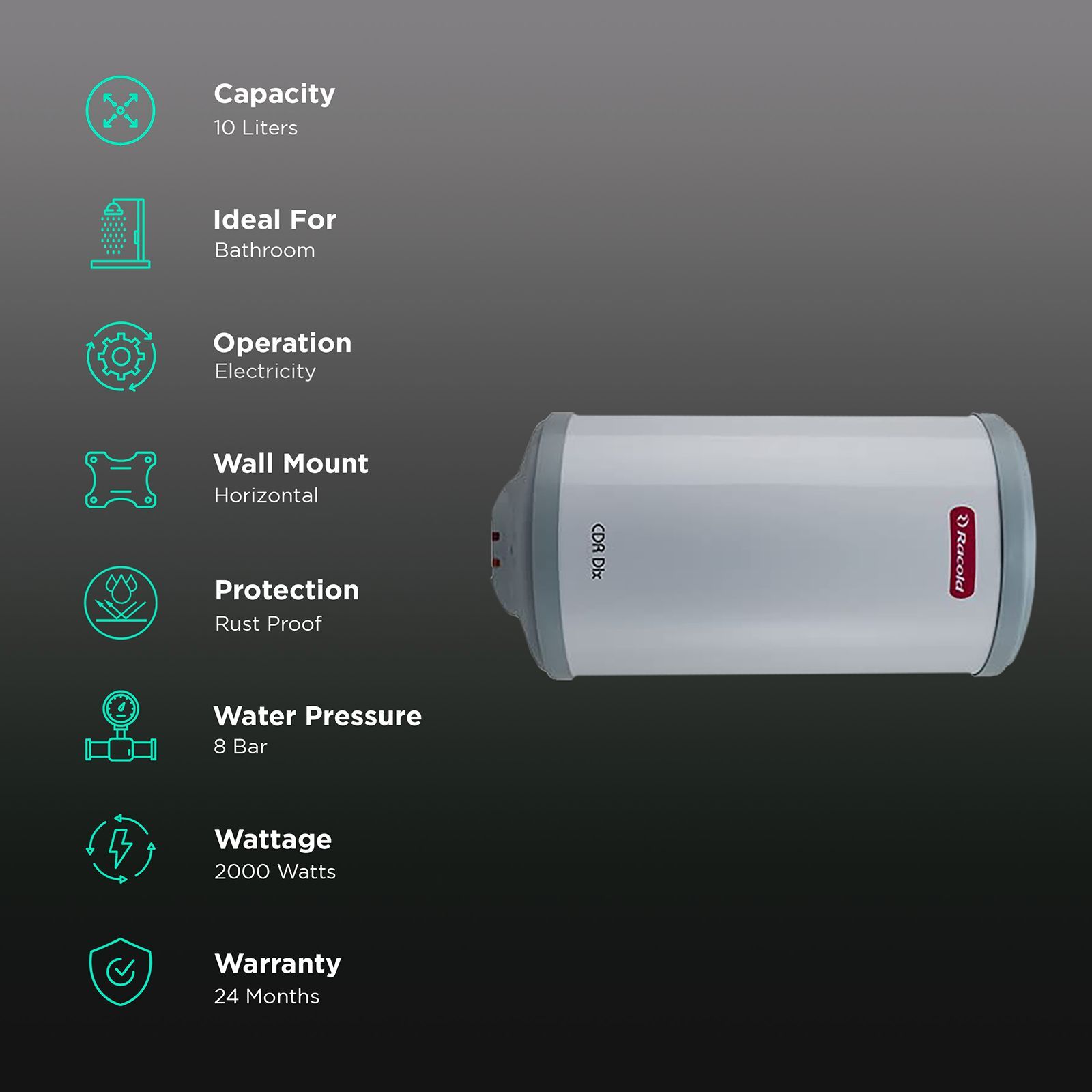 Racold CDR DLX 10 Litres 3 Star Horizontal Storage Geyser with LHS Water Inlet (White) Racold CDR DLX 10 Litres 3 Star Horizontal Storage Geyser with LHS Water Inlet (White)_3