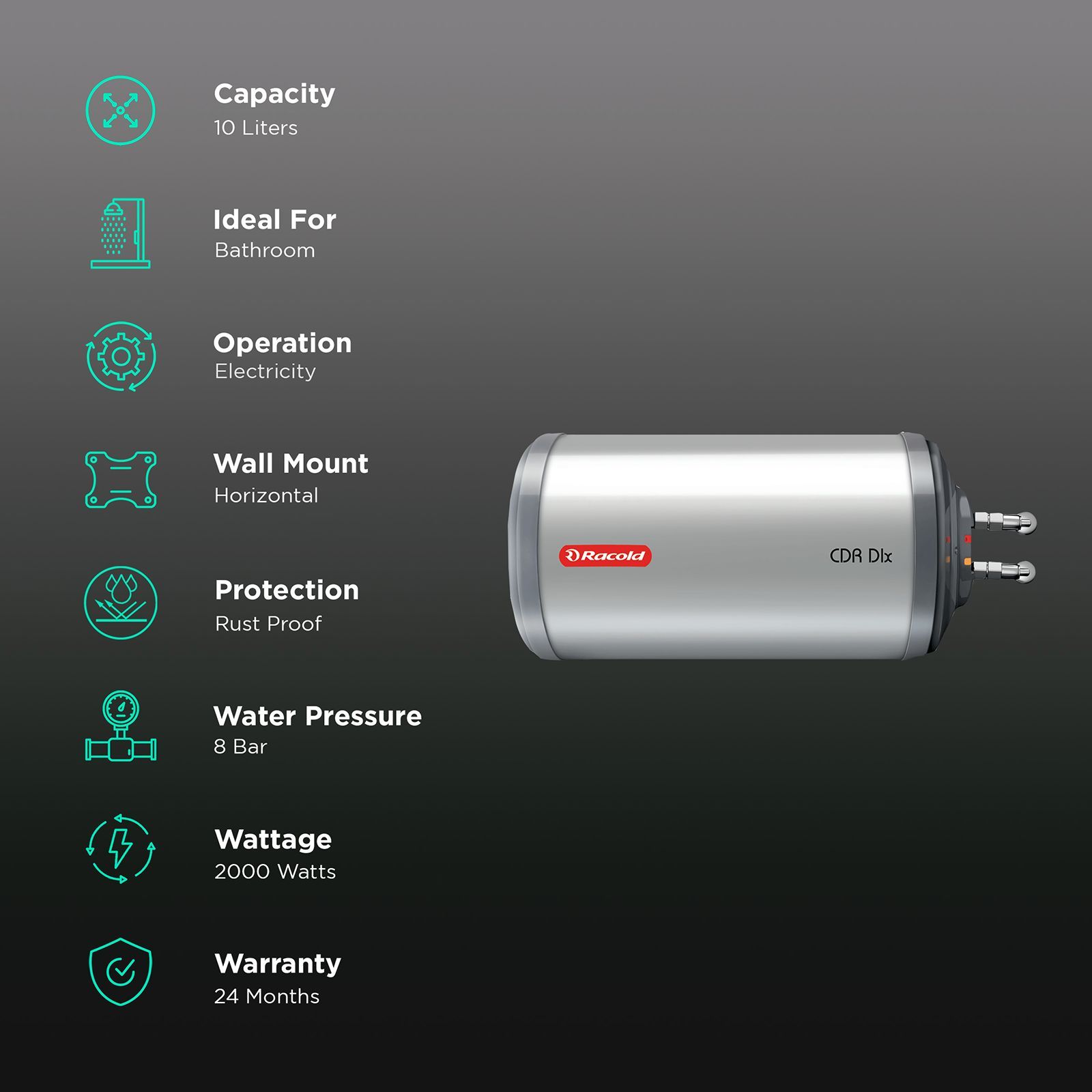 Racold CDR DLX 10 Litre 3 Star Horizontal Storage Geyser with Titanium Plus Technology (White & Grey Dome)_3
