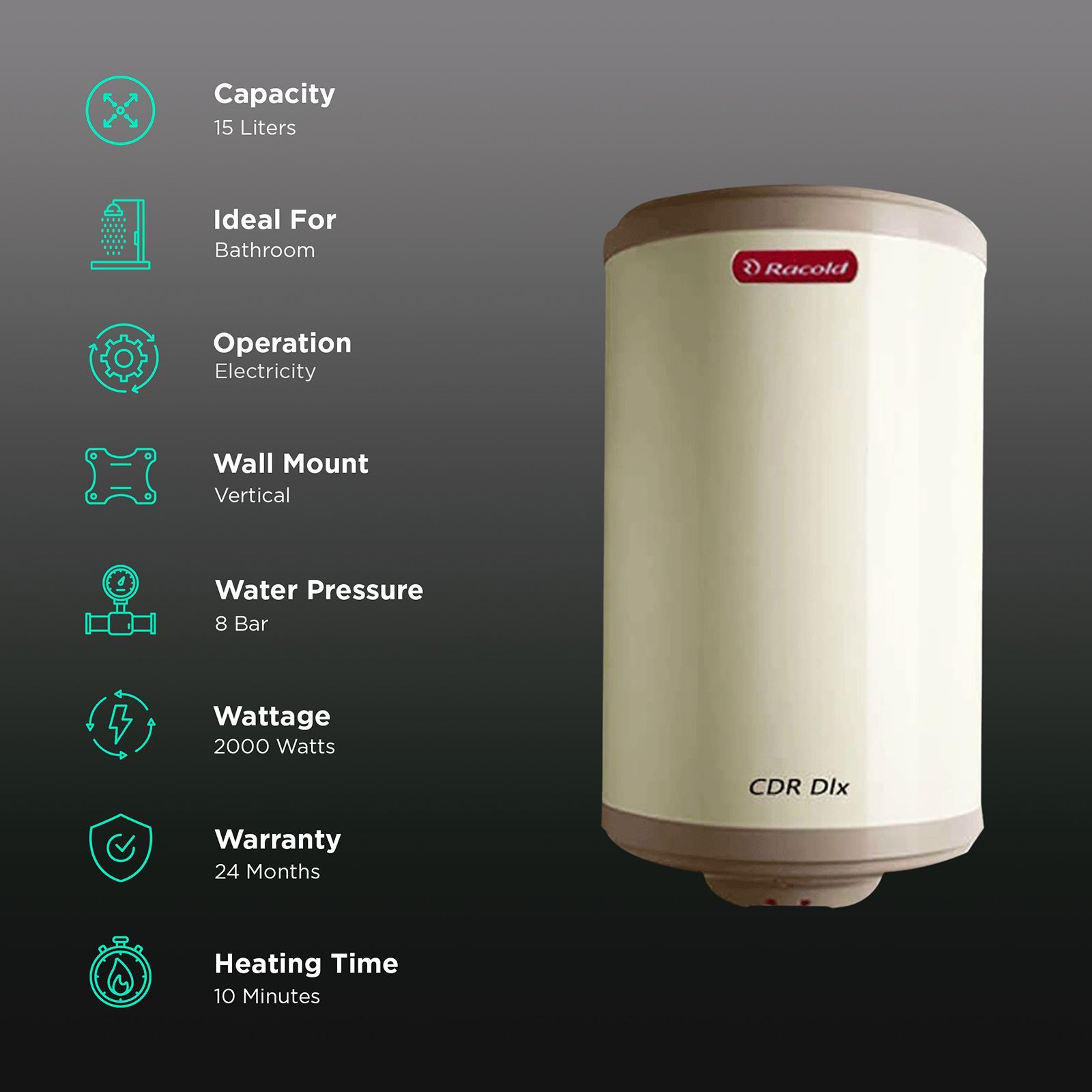 Racold CDR DLX 15 Litre 5 Star Vertical Storage Geyser with Titanium Plus Technology (Ivory)_3