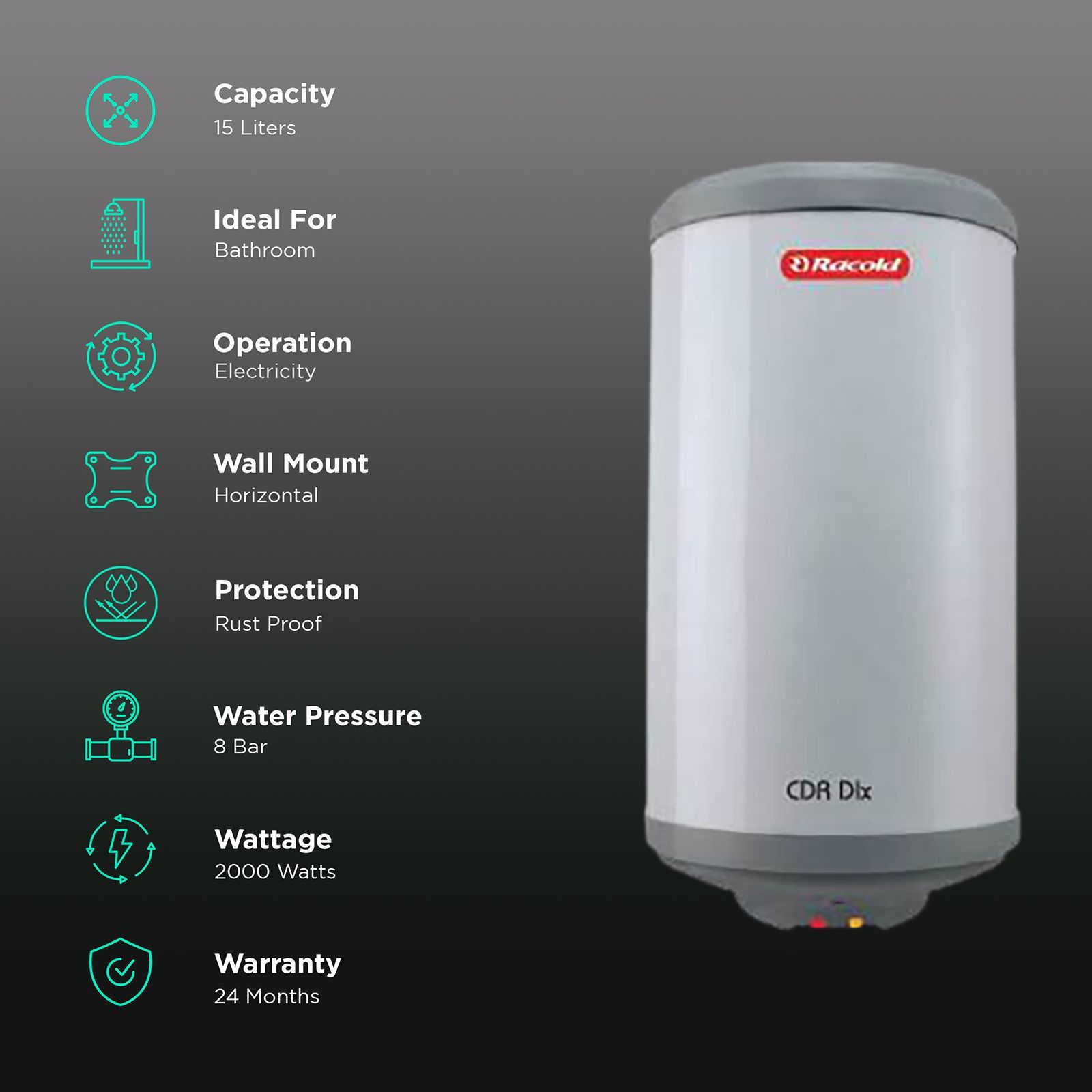 Racold CDR DLX 15 Litres 4 Star Horizontal Storage Geyser With LHS Water Inlet (White & Grey Dome)_3