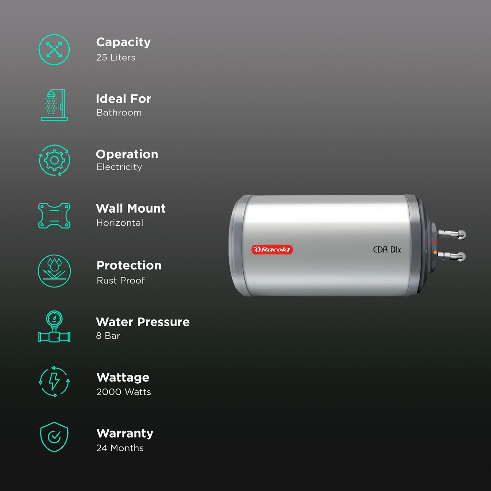 Racold CDR DLX 25 Litres 4 Star Horizontal Storage Geyser with RHS Water Inlet (White & Grey Dome)_3