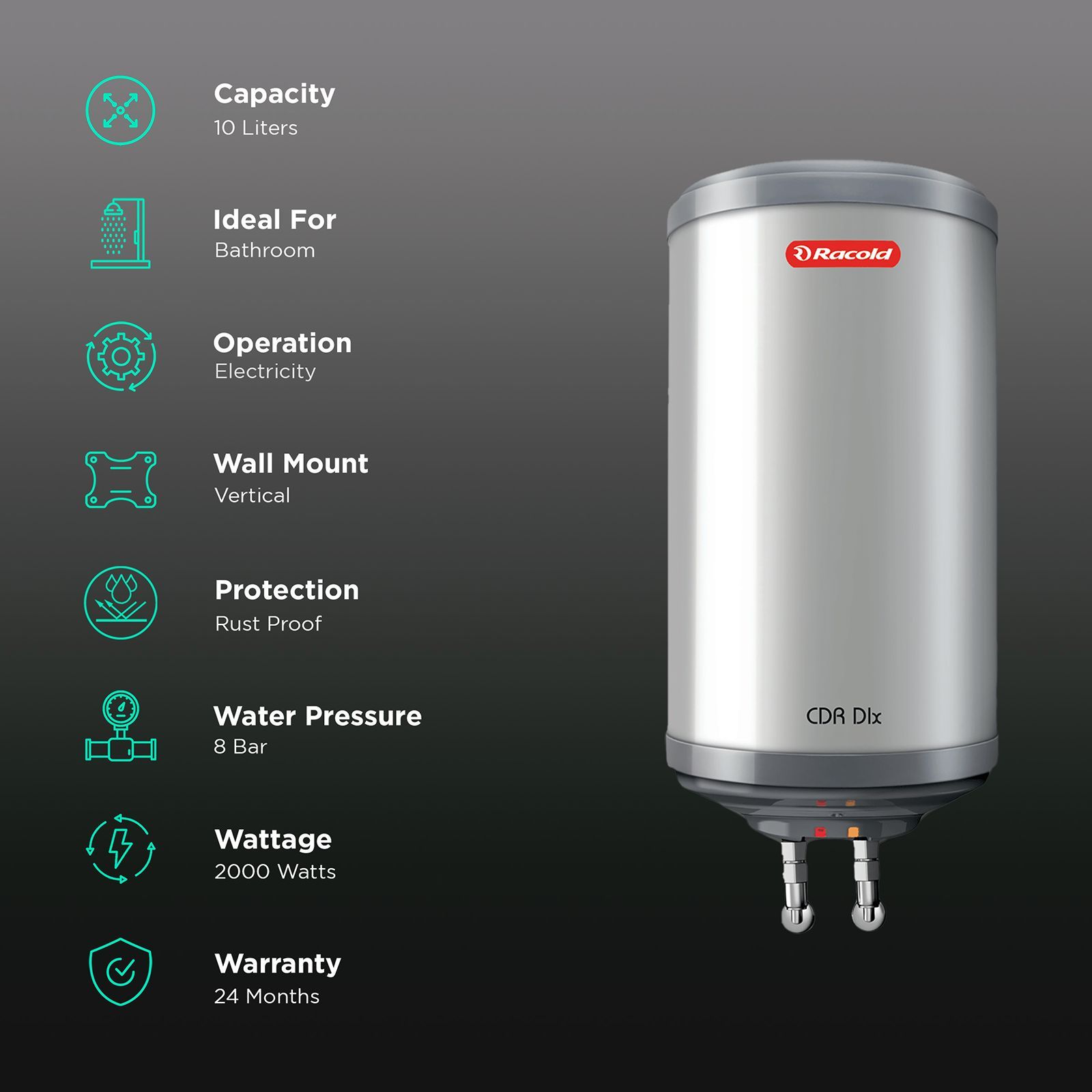 Racold CDR DLX 10 Litres 5 Star Vertical Storage Geyser with Rust Proof (White & Grey Dome) Racold CDR DLX 10 Litres 5 Star Vertical Storage Geyser with Rust Proof (White & Grey Dome)_3