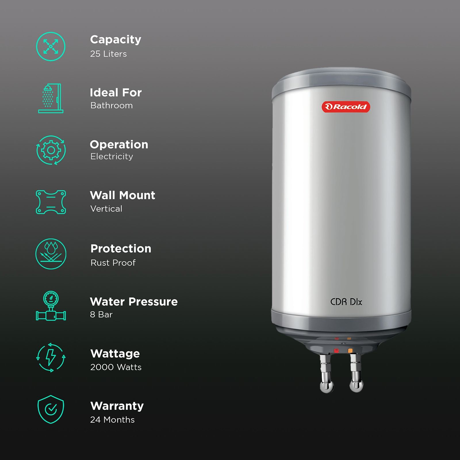Racold CDR DLX 25 Litre 5 Star Vertical Storage Geyser with Titanium Plus Technology (White & Grey Dome)_3