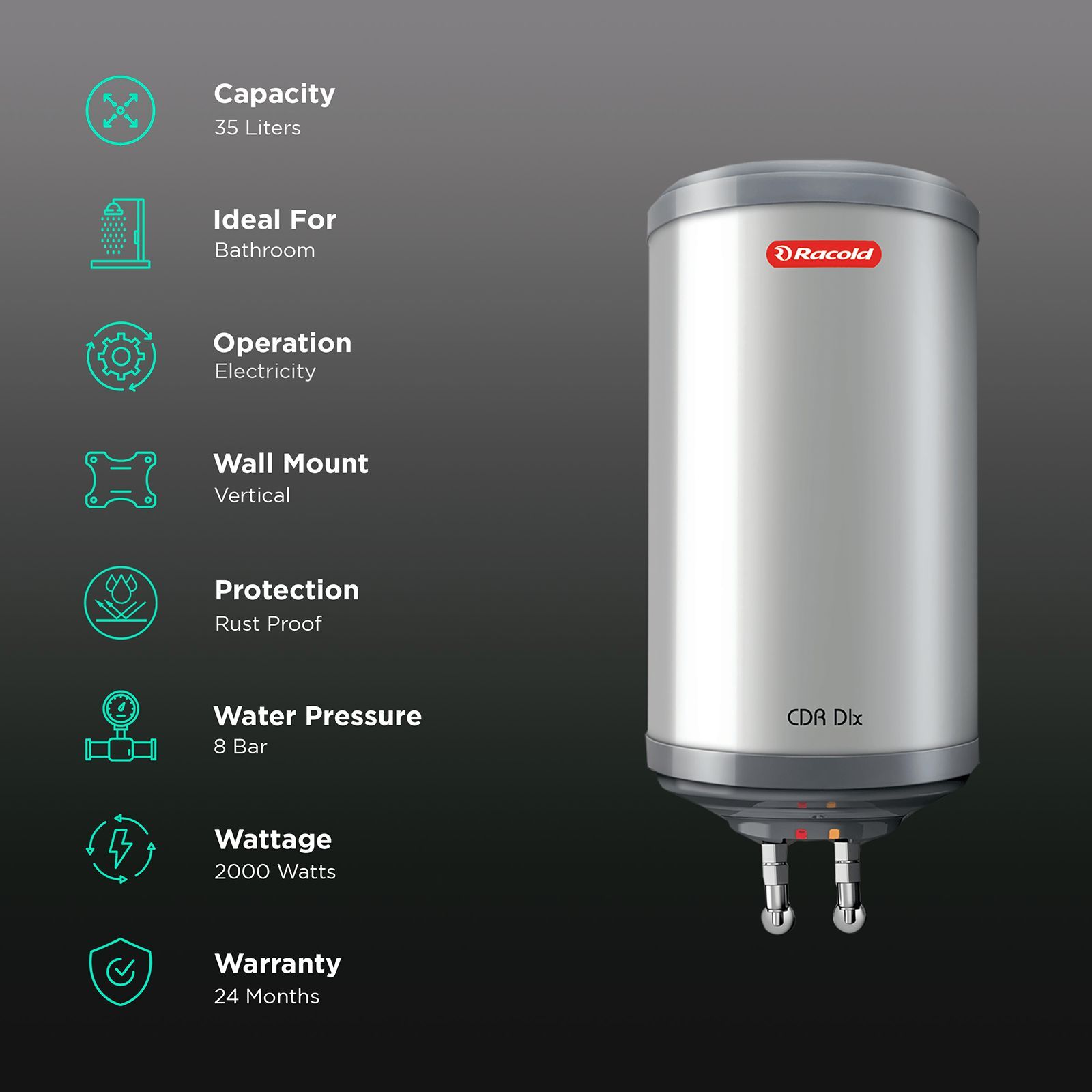 Racold CDR DLX 35 Litres 5 Star Vertical Storage Geyser with Rust Proofn(White)_3