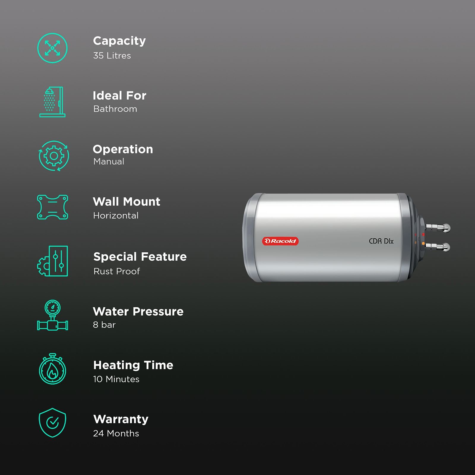 Racold CDR DLX 35 Litre 3 Star Horizontal Storage Geyser with Titanium Plus Technology (White)_3