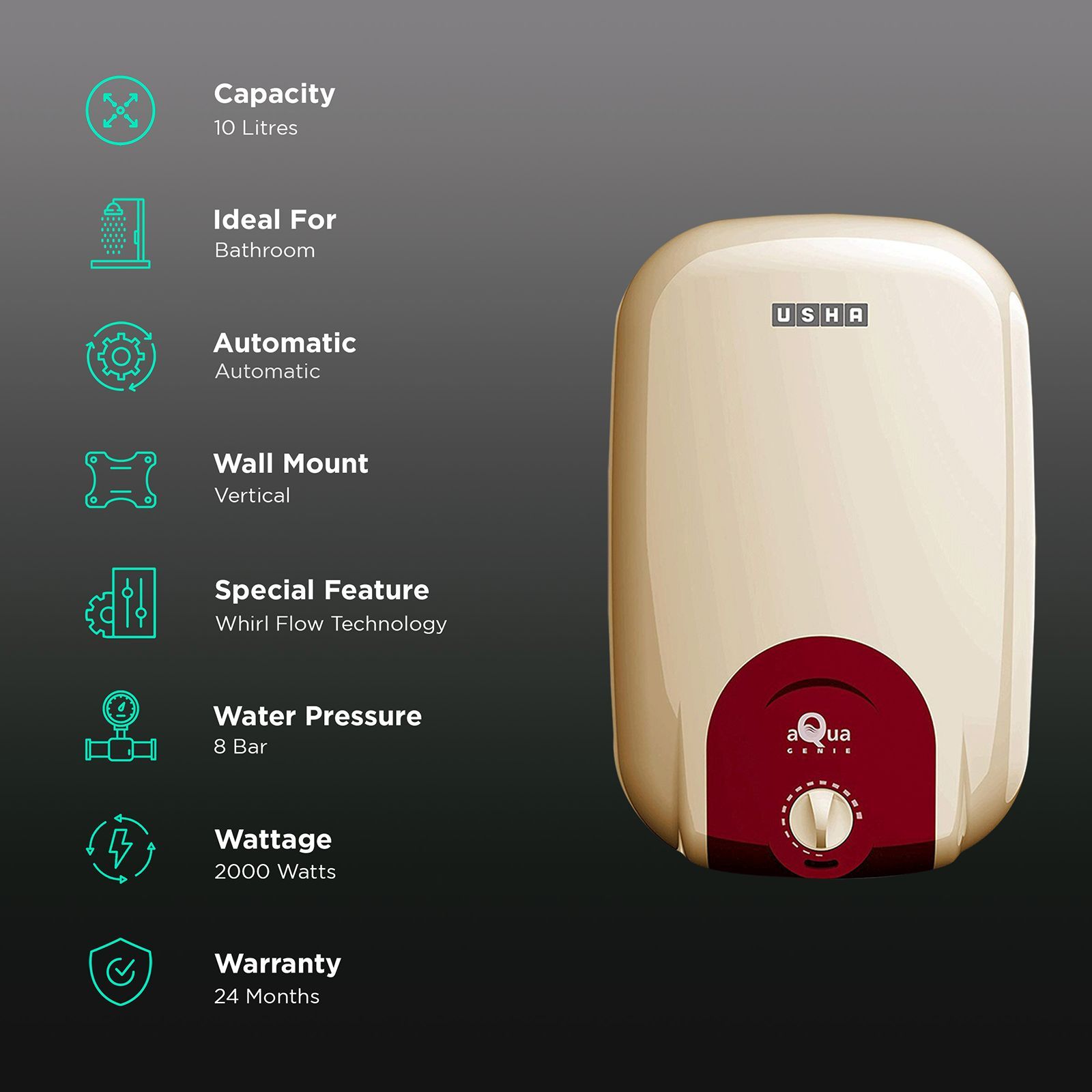 USHA Aqua Genie 10 Litre 5 Star Vertical Storage Geyser with Whirl Flow Technology (Ivory Wine)_3