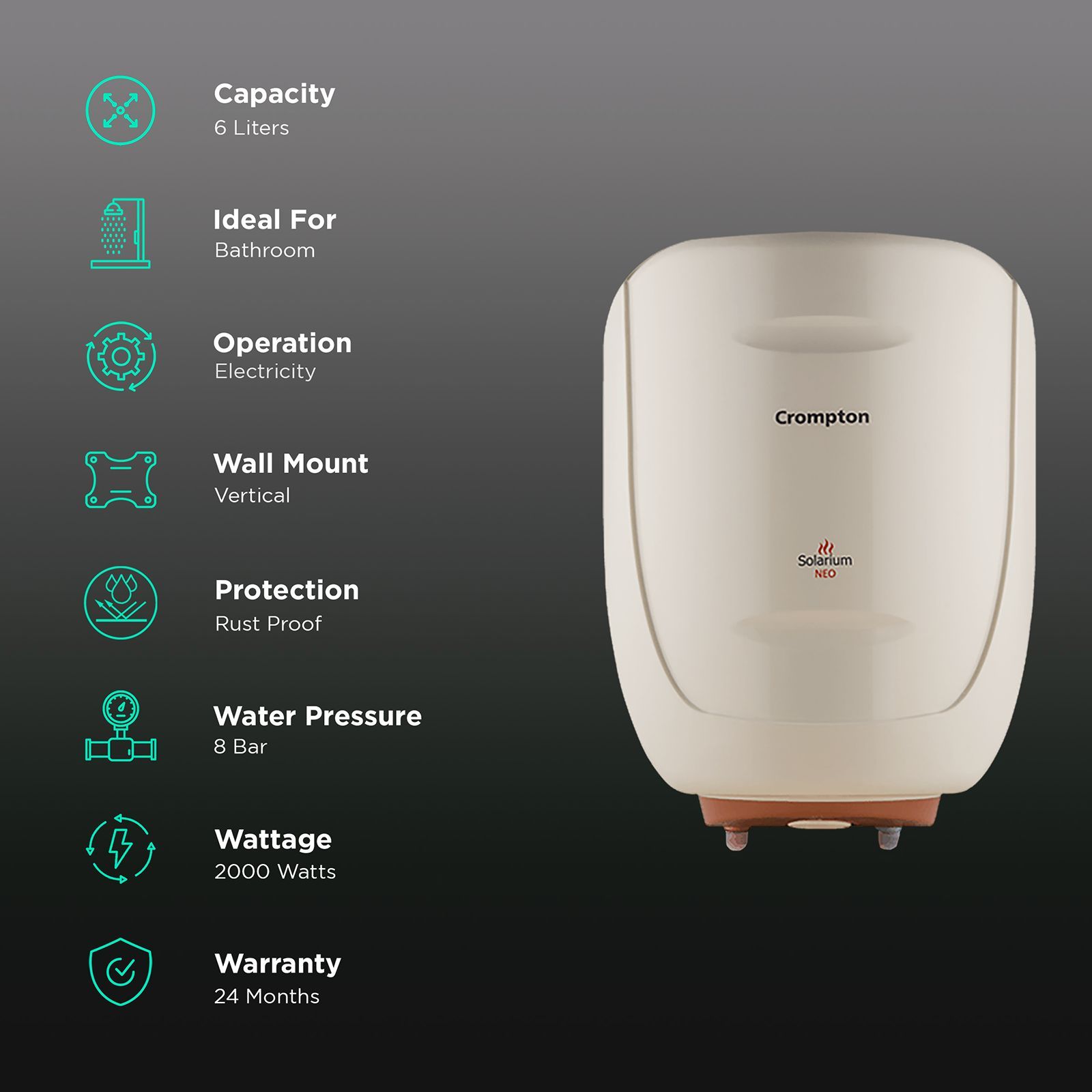 Crompton Solarium Neo 6 Litres 4 Star Vertical Storage Water Geyser with Glass Coated Incoloy Heating Element (White)_3