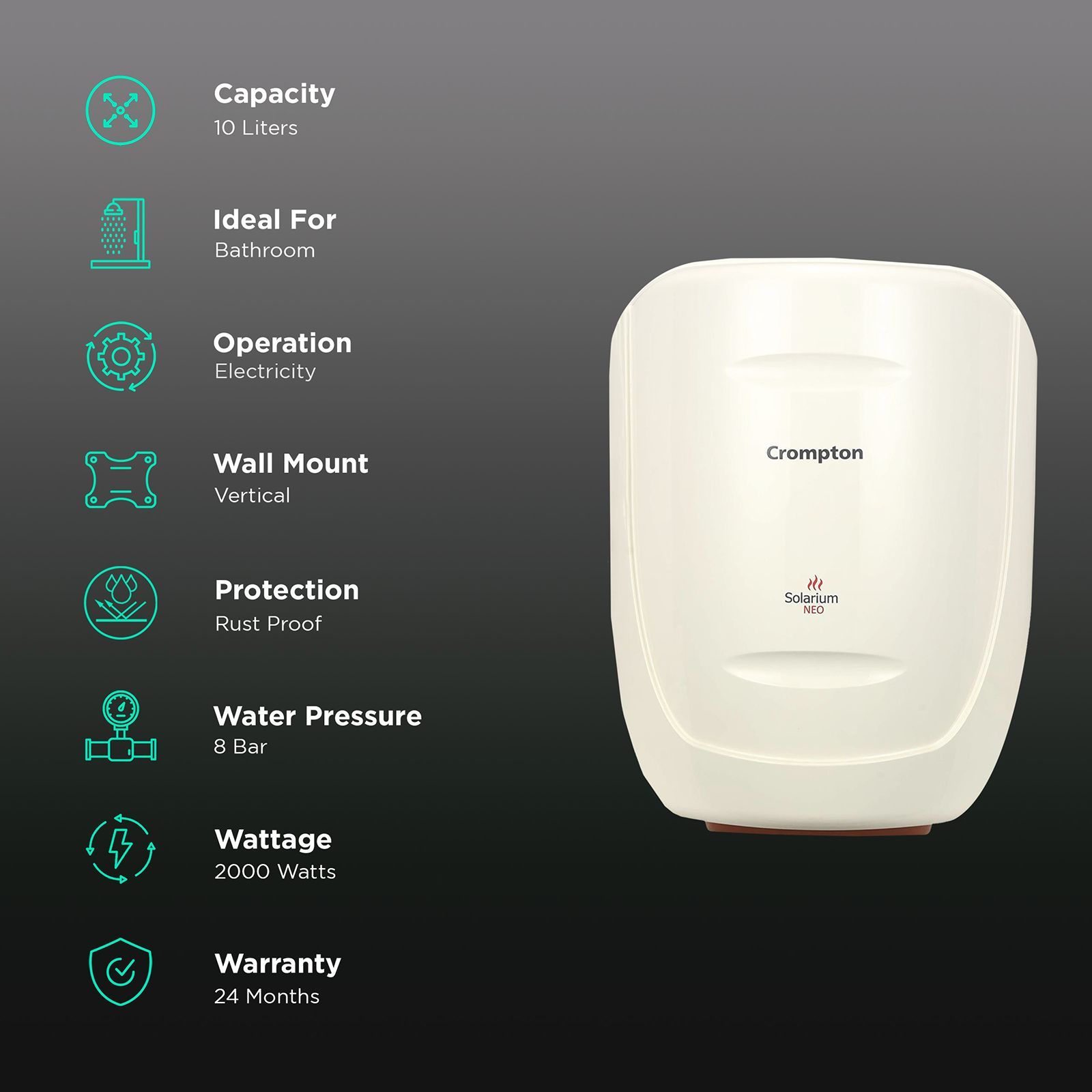 Crompton Solarium Neo 10 Litres 5 Star Vertical Storage Water Geyser with Glass Coated Incoloy Heating Element (White)_3