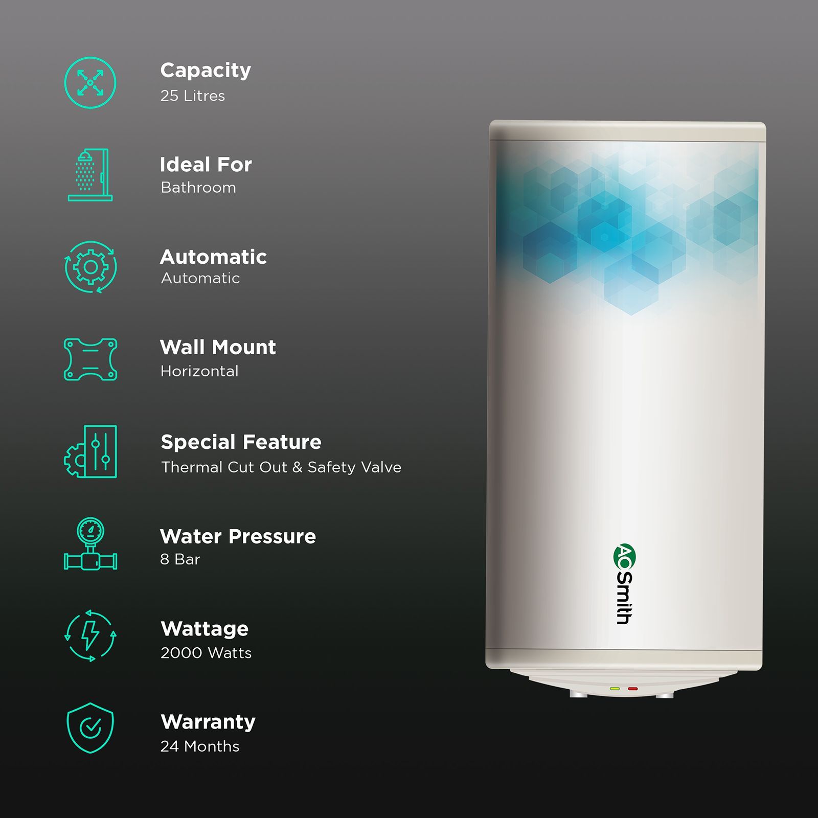 AO Smith Elegance 25 Litre 3 Star Horizontal Storage Geyser with Blue Diamond Technology (White)_3