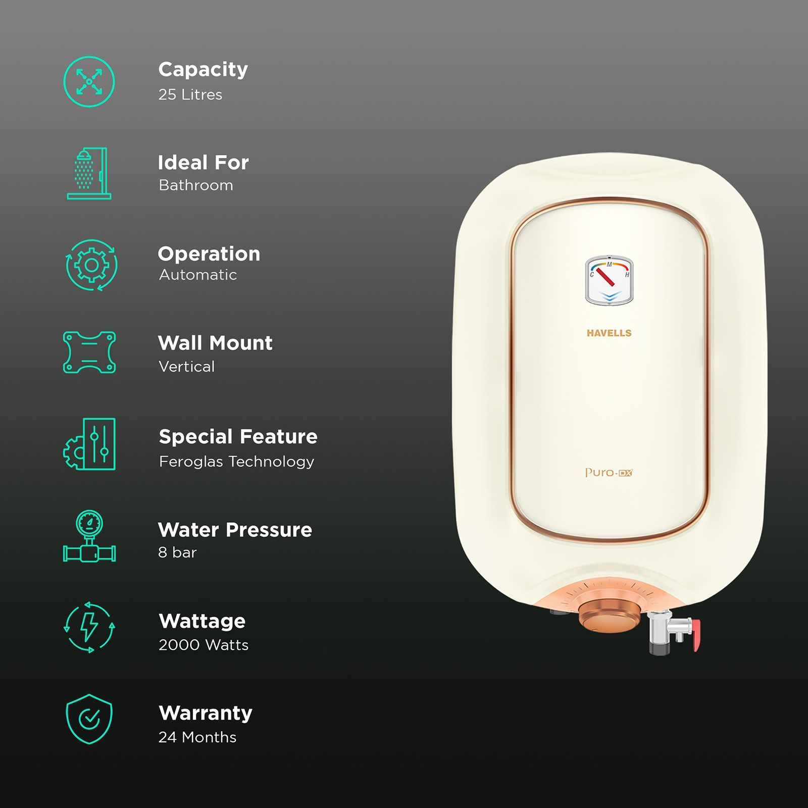 HAVELLS Puro DX 25 Litre 4 Star Vertical Storage Geyser with Feroglas Technology (Ivory Pink)_3