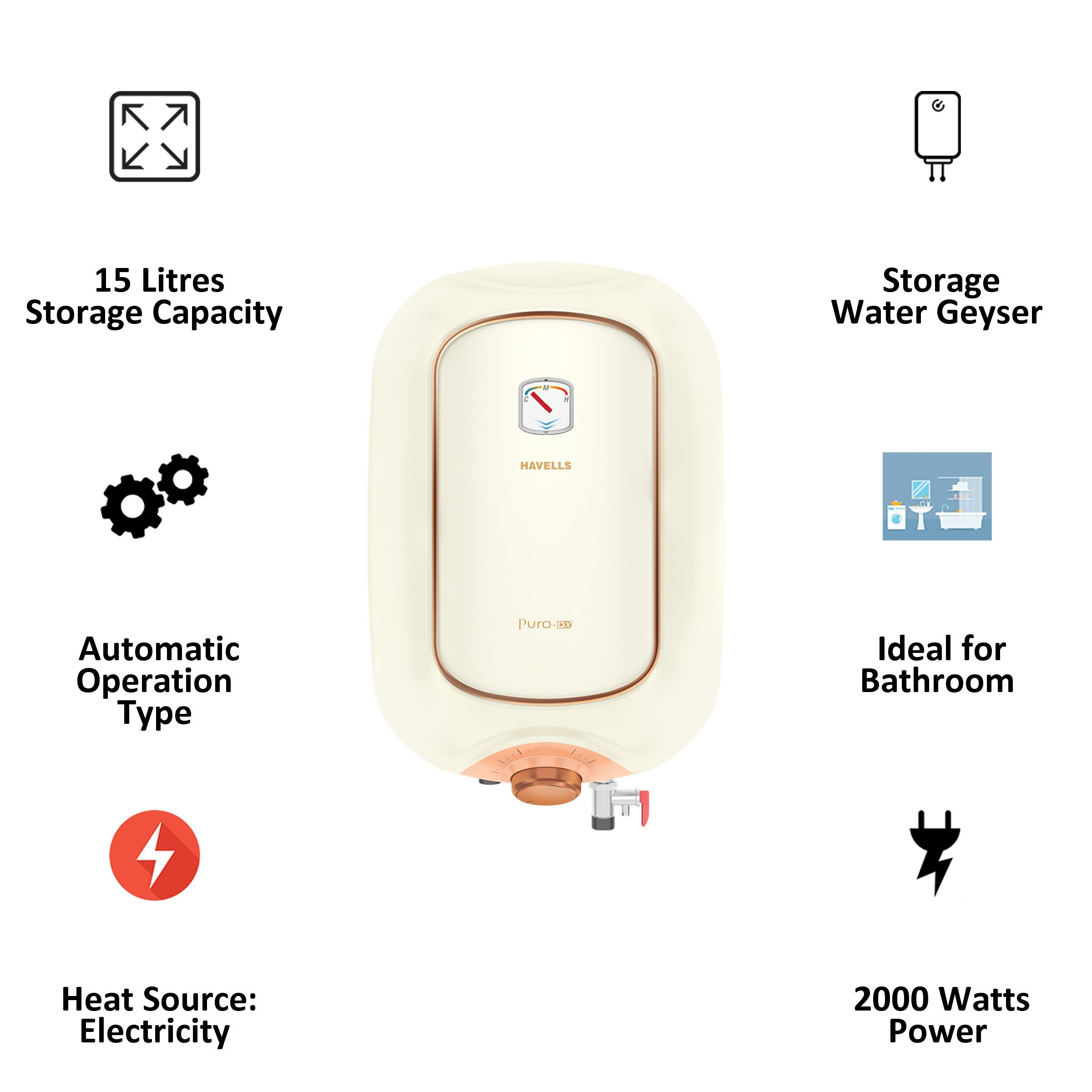 HAVELLS Puro DX 15 Litres 5 Star Vertical Storage Water Geyser with 8 Bar (Ivory Pink) HAVELLS Puro DX 15 Litres 5 Star Vertical Storage Water Geyser with 8 Bar (Ivory Pink)_3