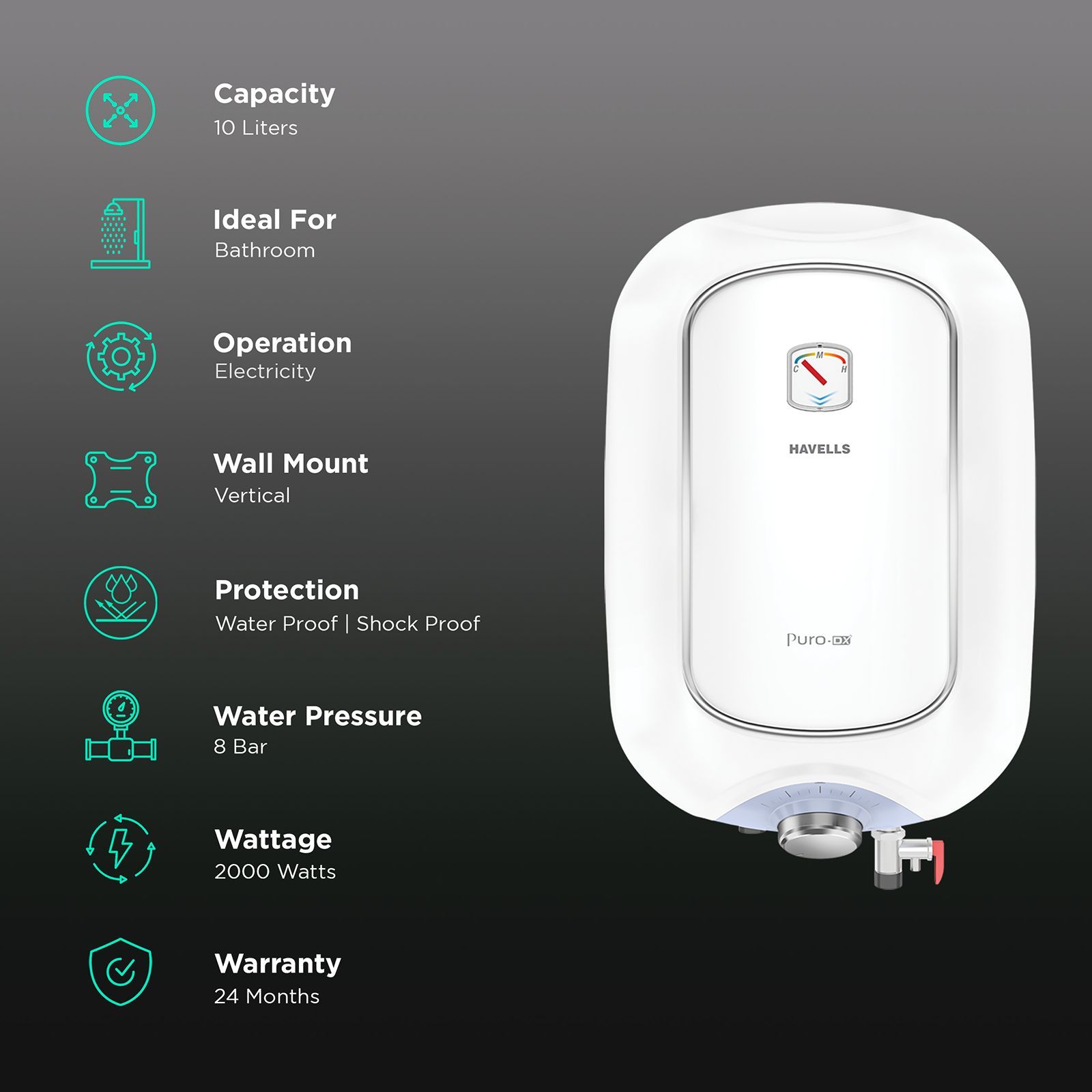 HAVELLS Puro DX 10 Litres 4 Star Vertical Storage Water Geyser with Feroglas Technology (White)_3