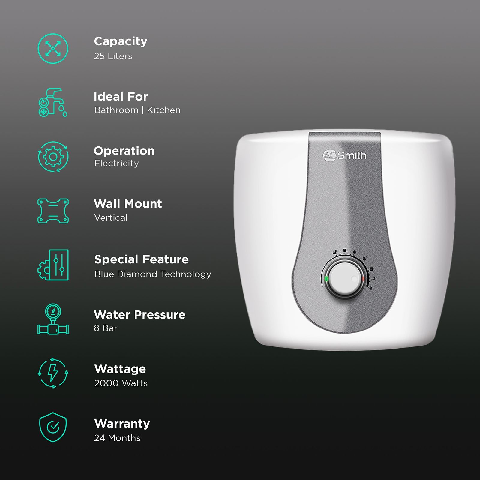 AO Smith Finesse 25 Litre 5 Star Vertical Storage Geyser with Blue Diamond Technology (White)_3