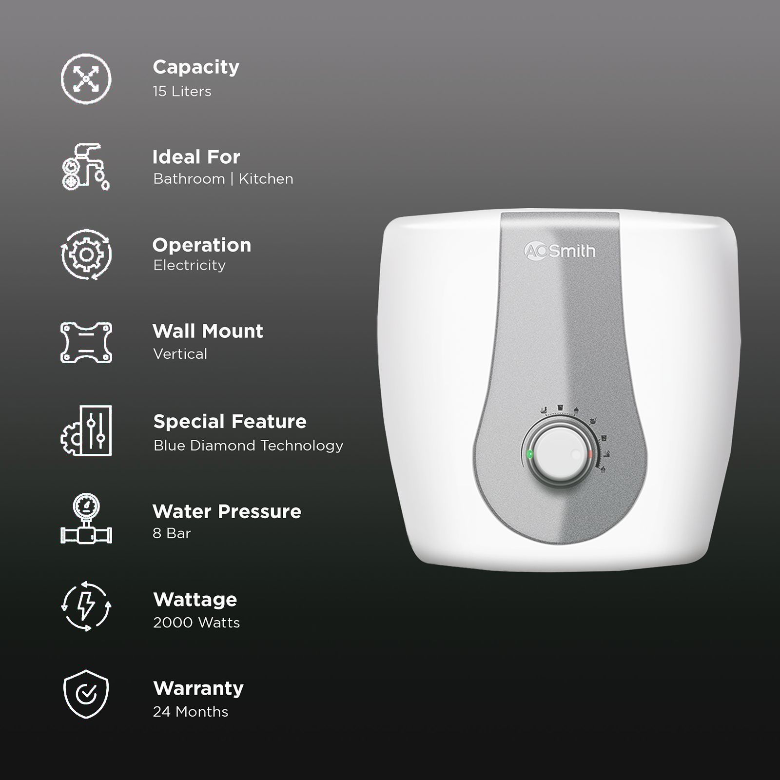 AO Smith Finesse 15 Litre 5 Star Vertical Storage Geyser with Blue Diamond Technology (White) AO Smith Finesse 15 Litre 5 Star Vertical Storage Geyser with Blue Diamond Technology (White)_3