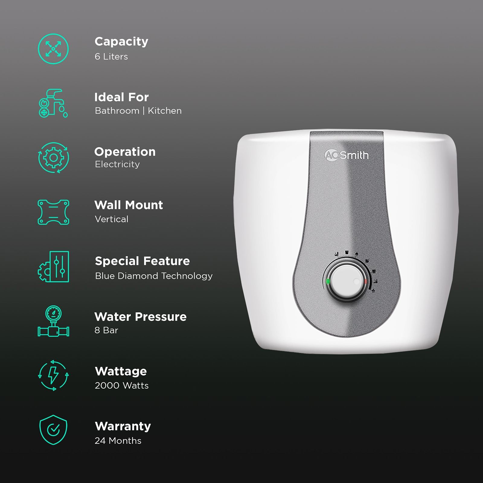 AO Smith Finesse 6 Litres 5 Star Vertical Storage Water Geyser with Glass Coated Incoloy Heating Element (White)_3