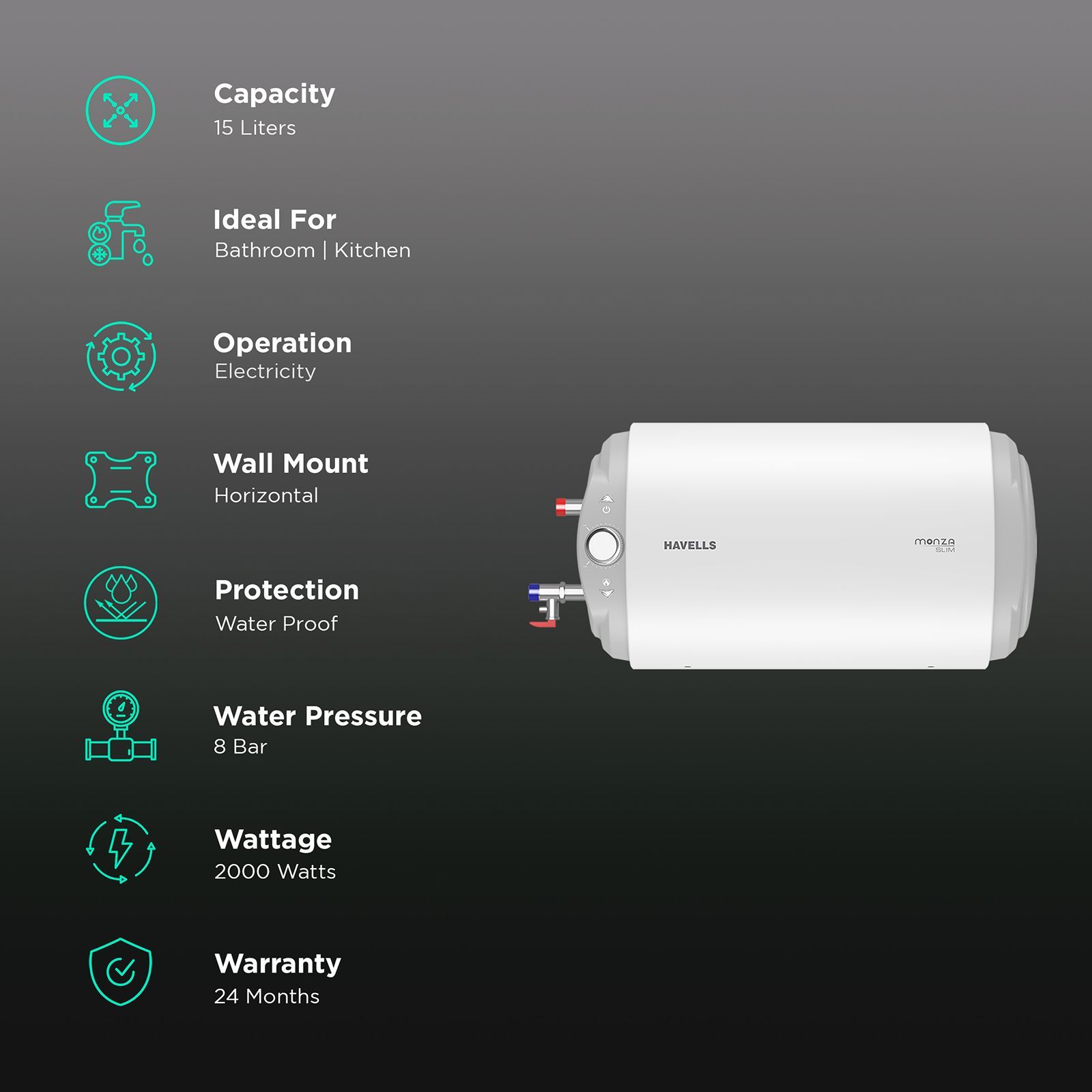 HAVELLS Monza Slim 15 Litres 4 Star Horizontal Storage Water Geyser with 8  Bar (White)_3