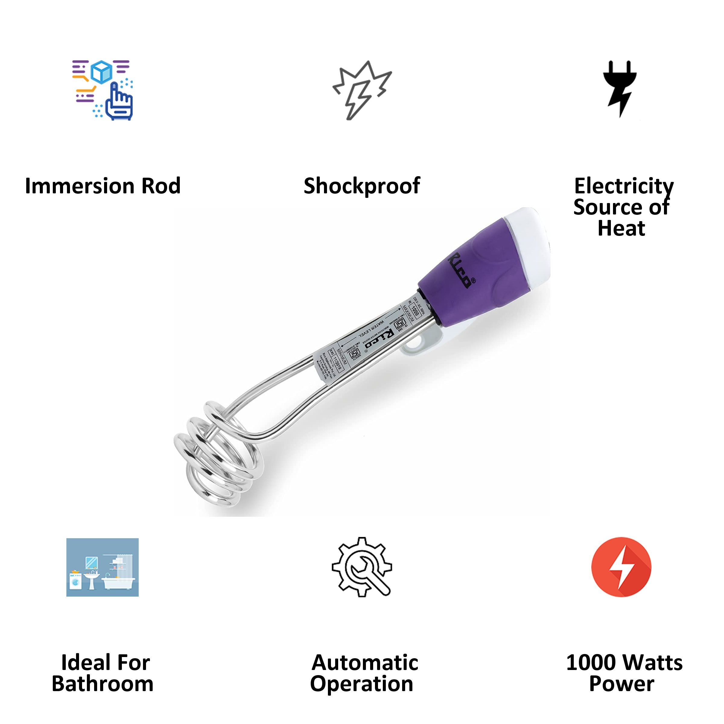 Rico 1000W Shockproof Immersion Rod with Quick Heat Technology (ISI Marked, Purple)_4