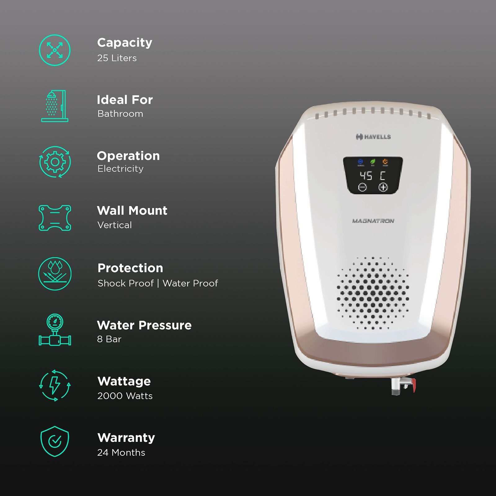 HAVELLS Magnatron 25 Litres 4 Star Vertical Storage Water Geyser with Built-in Thermostat (White Champagne Gold) HAVELLS Magnatron 25 Litres 4 Star Vertical Storage Water Geyser with Built-in Thermostat (White Champagne Gold)_3