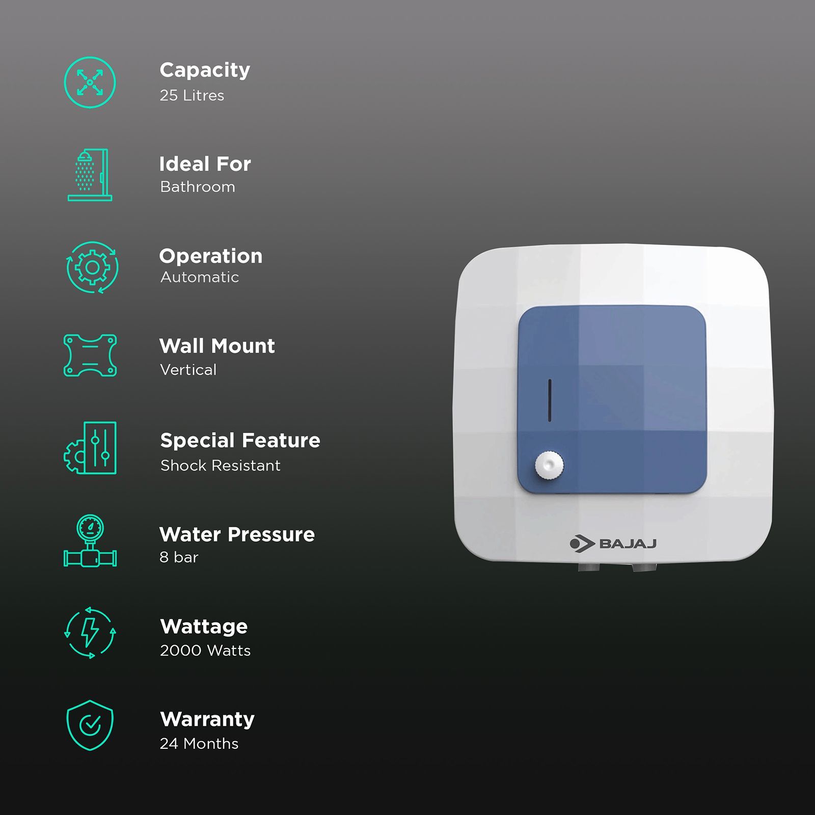 BAJAJ Compagno 25 Litre 5 Star Vertical Storage Geyser with Swirl Flow Technology (White & Blue) BAJAJ Compagno 25 Litre 5 Star Vertical Storage Geyser with Swirl Flow Technology (White & Blue)_3