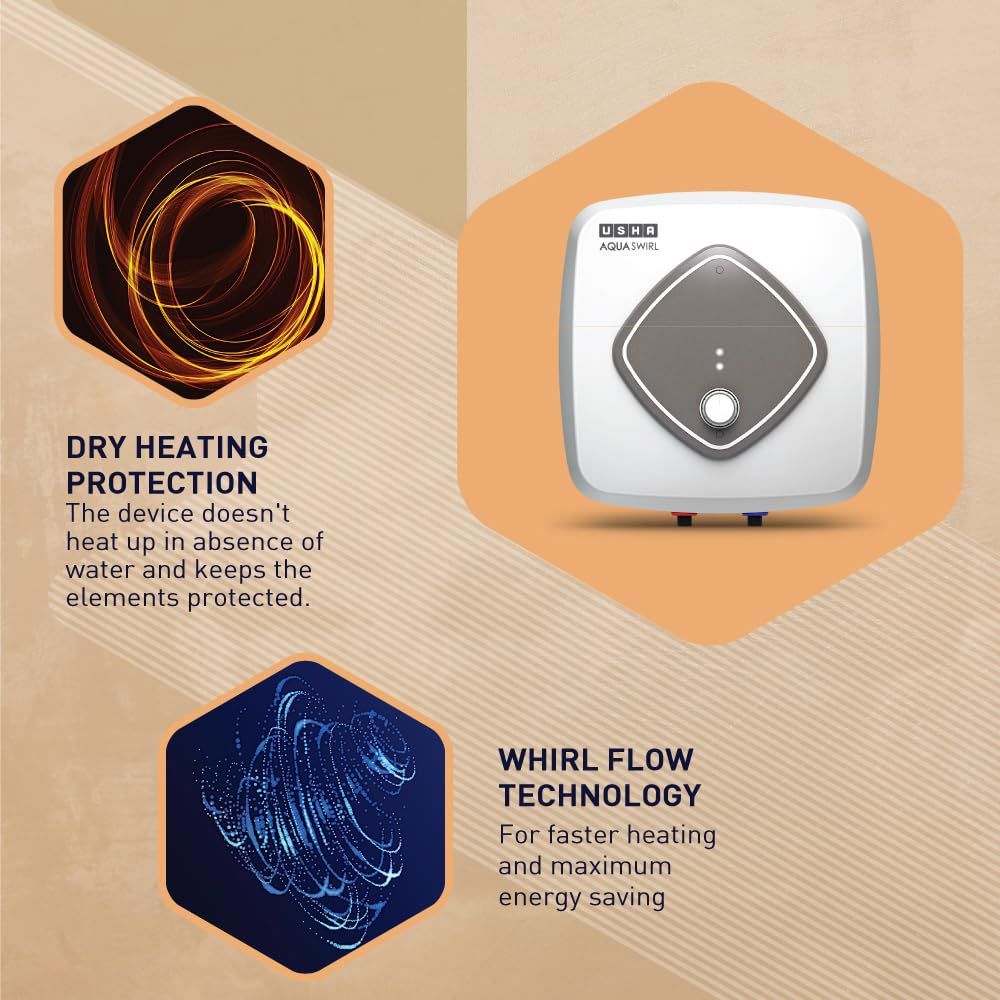 USHA Aqua Swirl 10 Litre 5 Star Vertical Storage Geyser with Whirl Flow Technology (White & Grey)_9