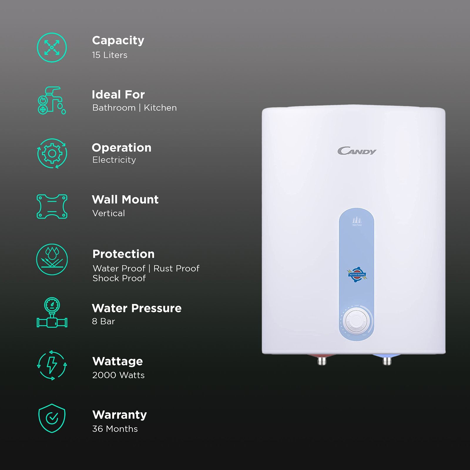 CANDY 15 Litres 5 Star Vertical Storage Water Geyser with Glass Coated Incoloy Heating Element (White)_3