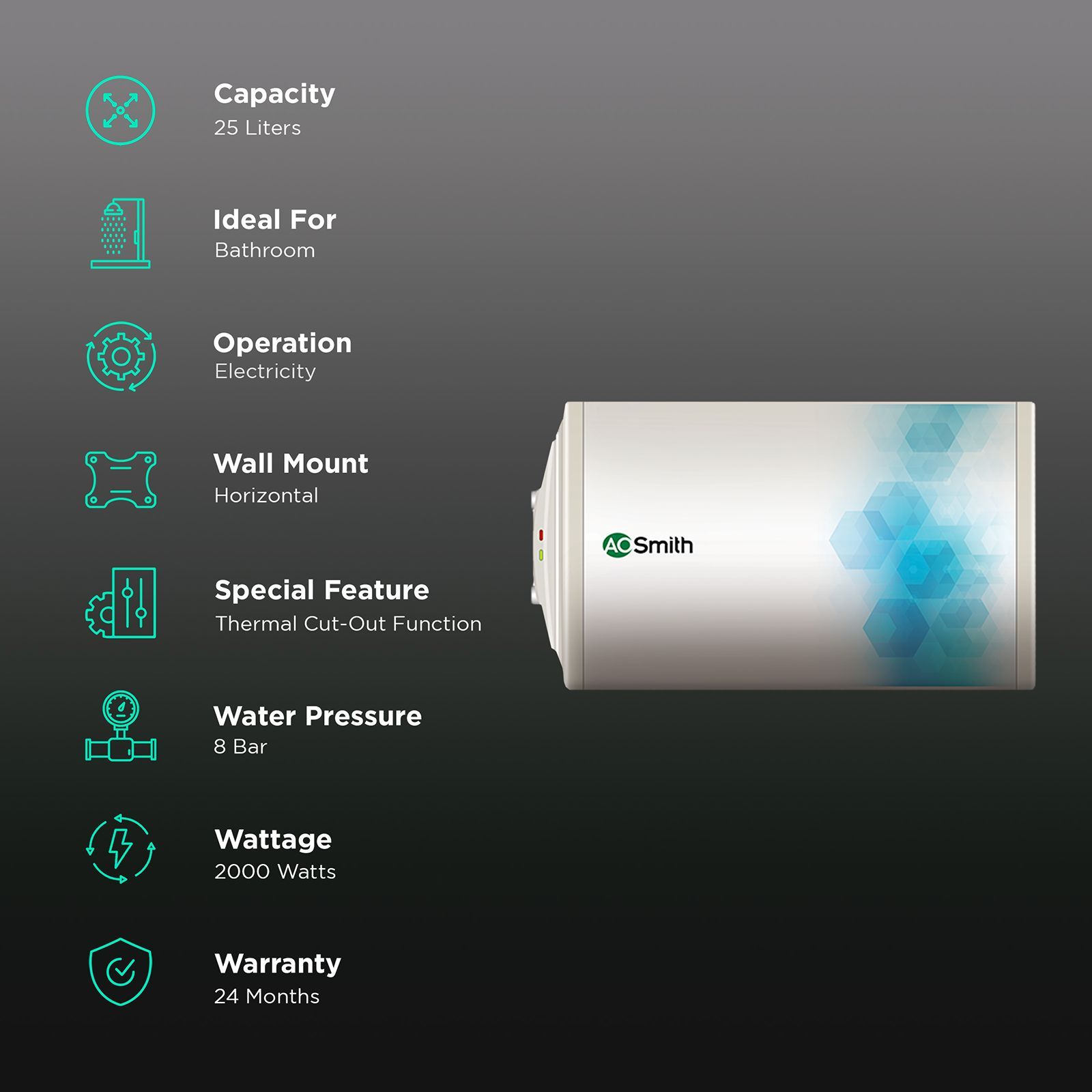 AO Smith Elegance Slim-LHS 25 Litres 3 Star Horizontal Storage Water Geyser with Glass Coated Incoloy Heating Element (White) AO Smith Elegance Slim-LHS 25 Litres 3 Star Horizontal Storage Water Geyser with Glass Coated Incoloy Heating Element (White)_3