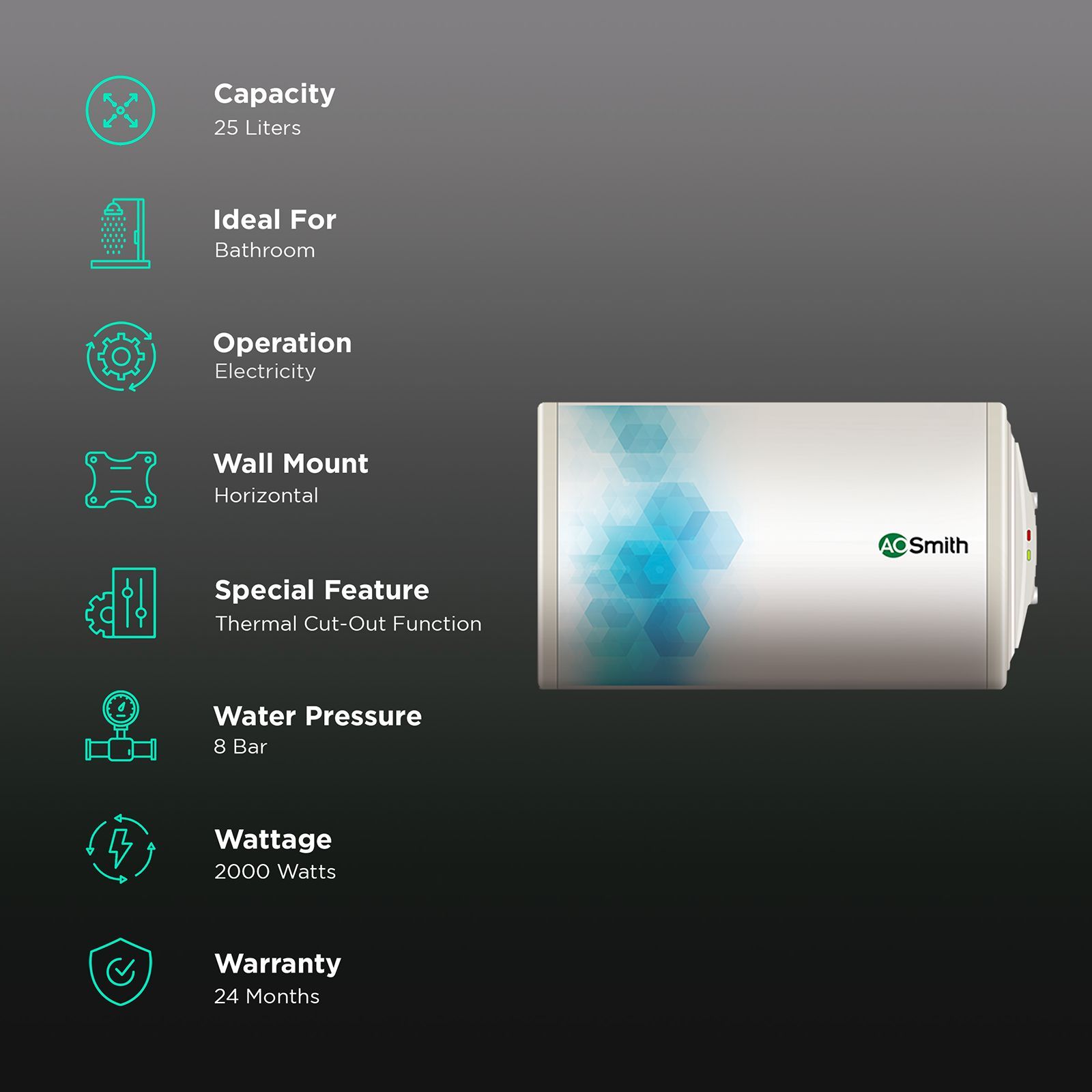 AO Smith 25 Litres 3 Star Horizontal Storage Water Geyser with Glass Coated Incoloy Heating Element (White)_3