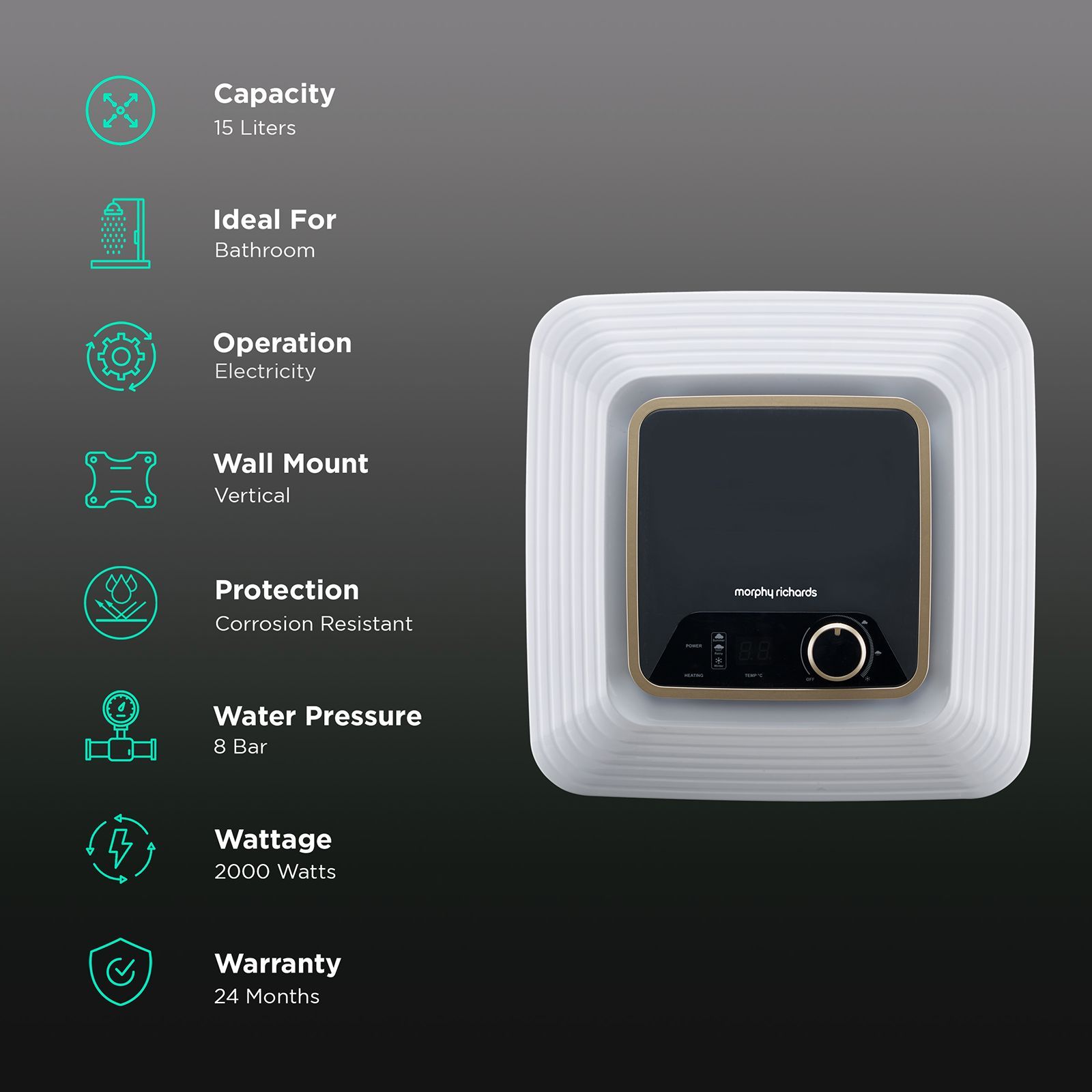 morphy richards KUBE 15 Litres 5 Star Vertical Storage Water Geyser with Copper Heating Element (White and Black)_3