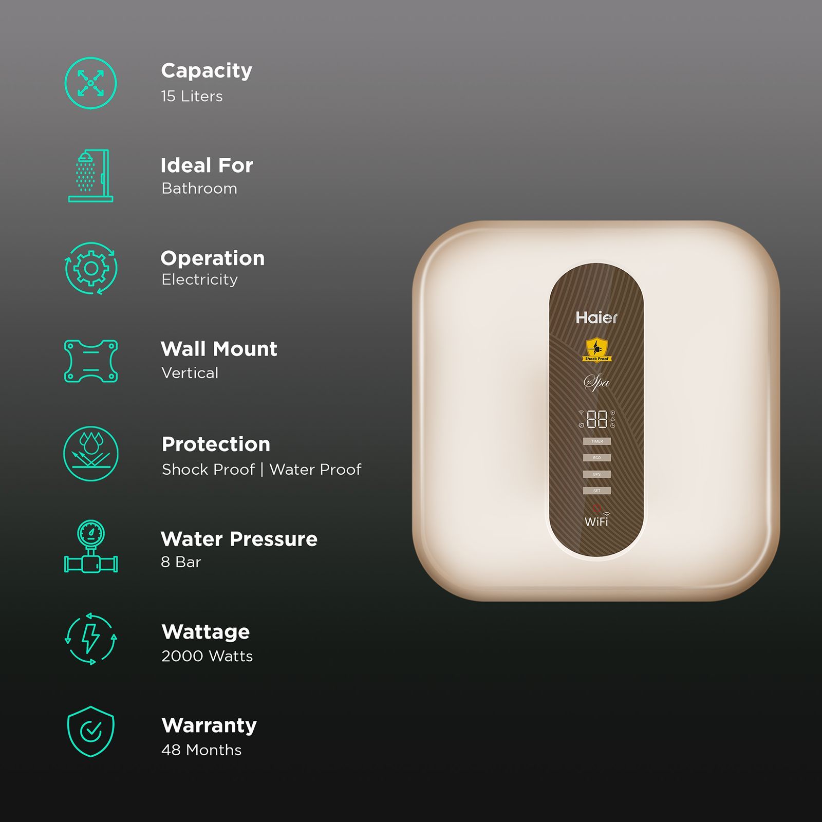 Haier ES15V-SD Wi-Fi 15 Litres 5 Star Vertical Storage Water Geyser with Glass Coated Incoloy Heating Element (Gold)_3