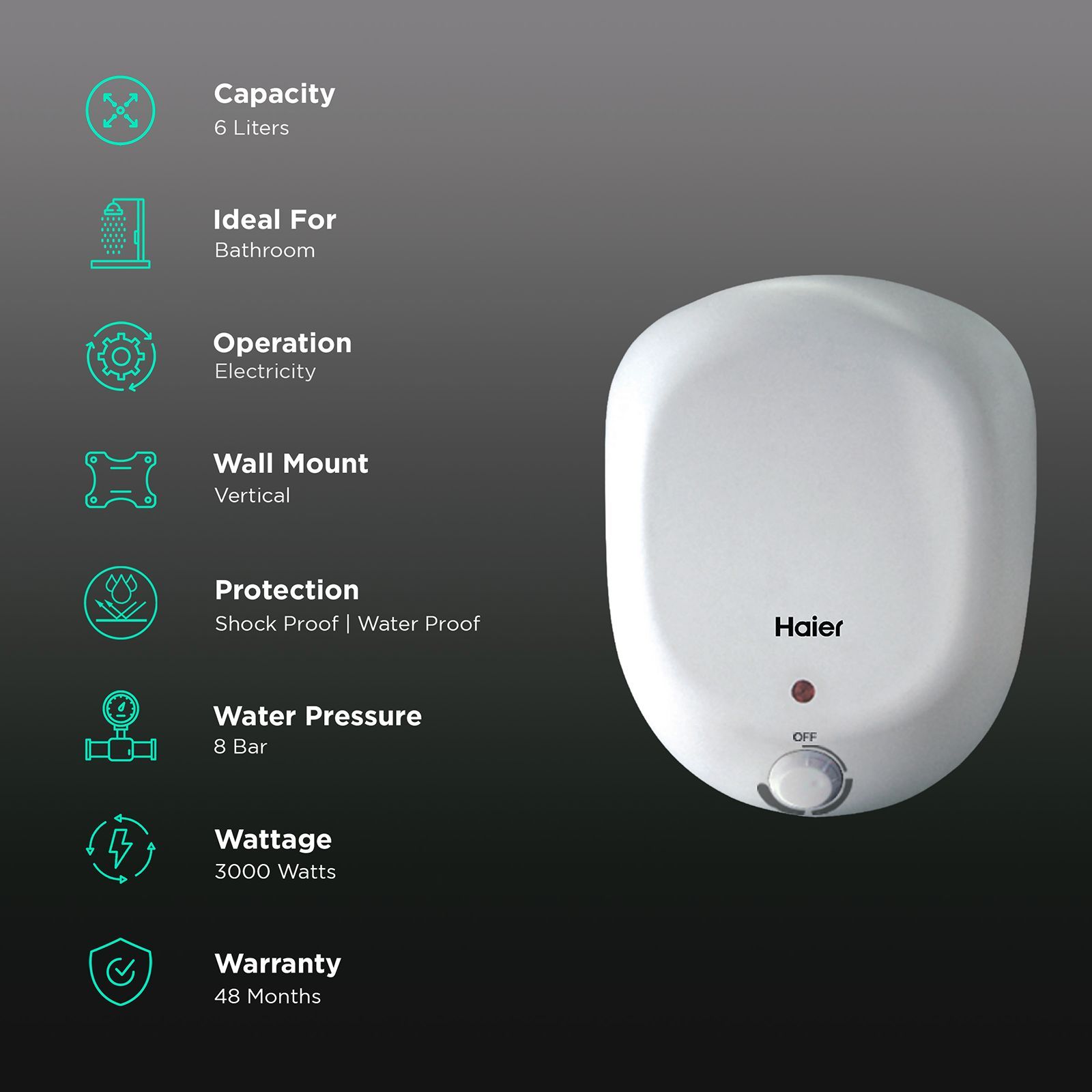 Haier ES6VQ1 6 Litres 4 Star Vertical Storage Water Geyser with Glass Coated Incoloy Heating Element (White)_3